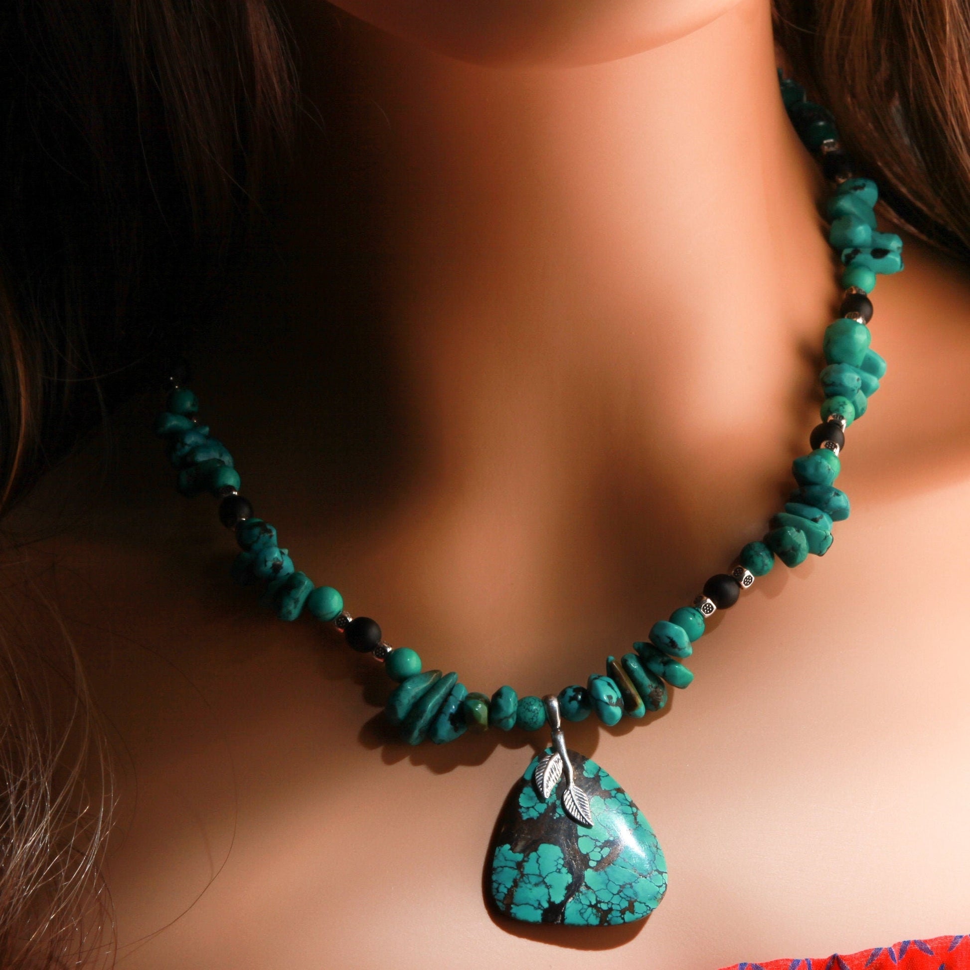 Natural AAA Tibetan Turquoise Spiderweb Matrix Briolette, Triangular Pendant in Sterling Silver Bail, 20&quot; Necklace, Bali Style Toggle Clasp