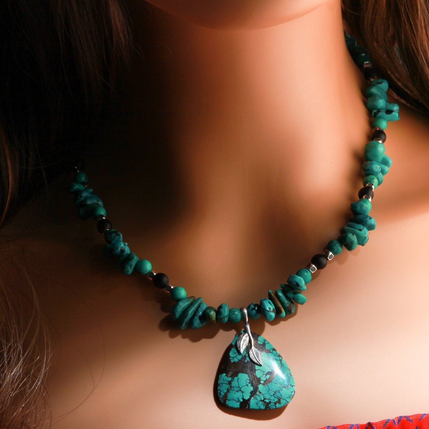 Natural AAA Tibetan Turquoise Spiderweb Matrix Briolette, Triangular Pendant in Sterling Silver Bail, 20" Necklace, Bali Style Toggle Clasp