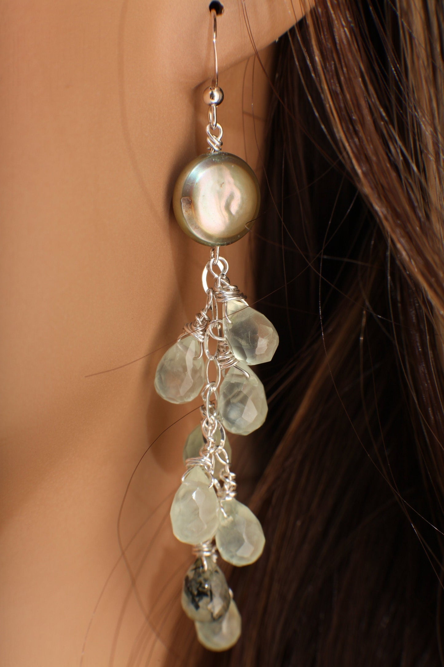 Natural Prehnite, Tourmalinated Quartz 7x11 Faceted Briolette and freshwater green coin pearl Handmade wire Wrap in Sterling Silver Earring