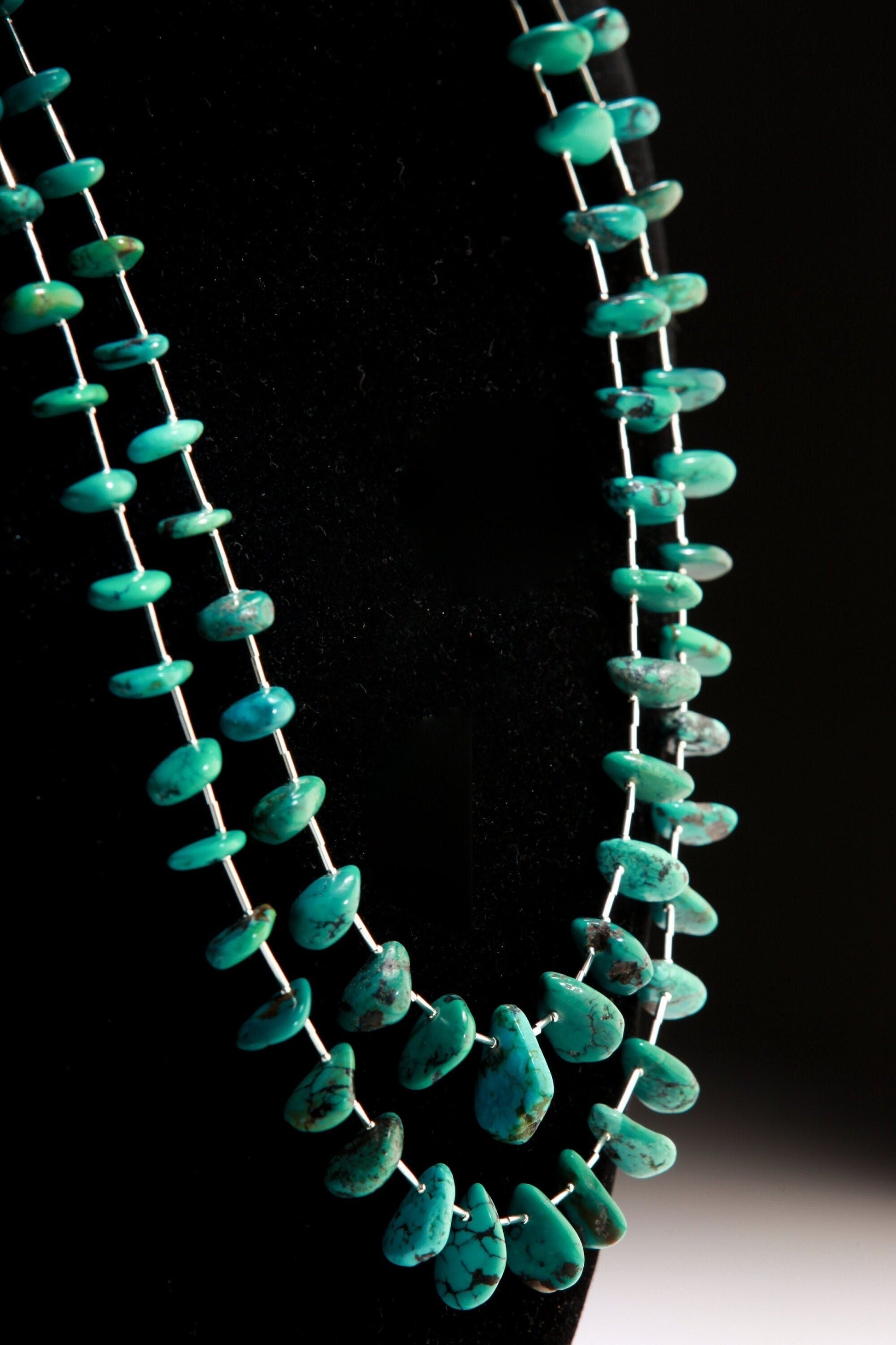 Natural Tibetan Turquoise Teardrop Necklace with 925 Sterling Silver Clasp and Liquid Silver 27" Double Layer Navajo Fetish Necklace