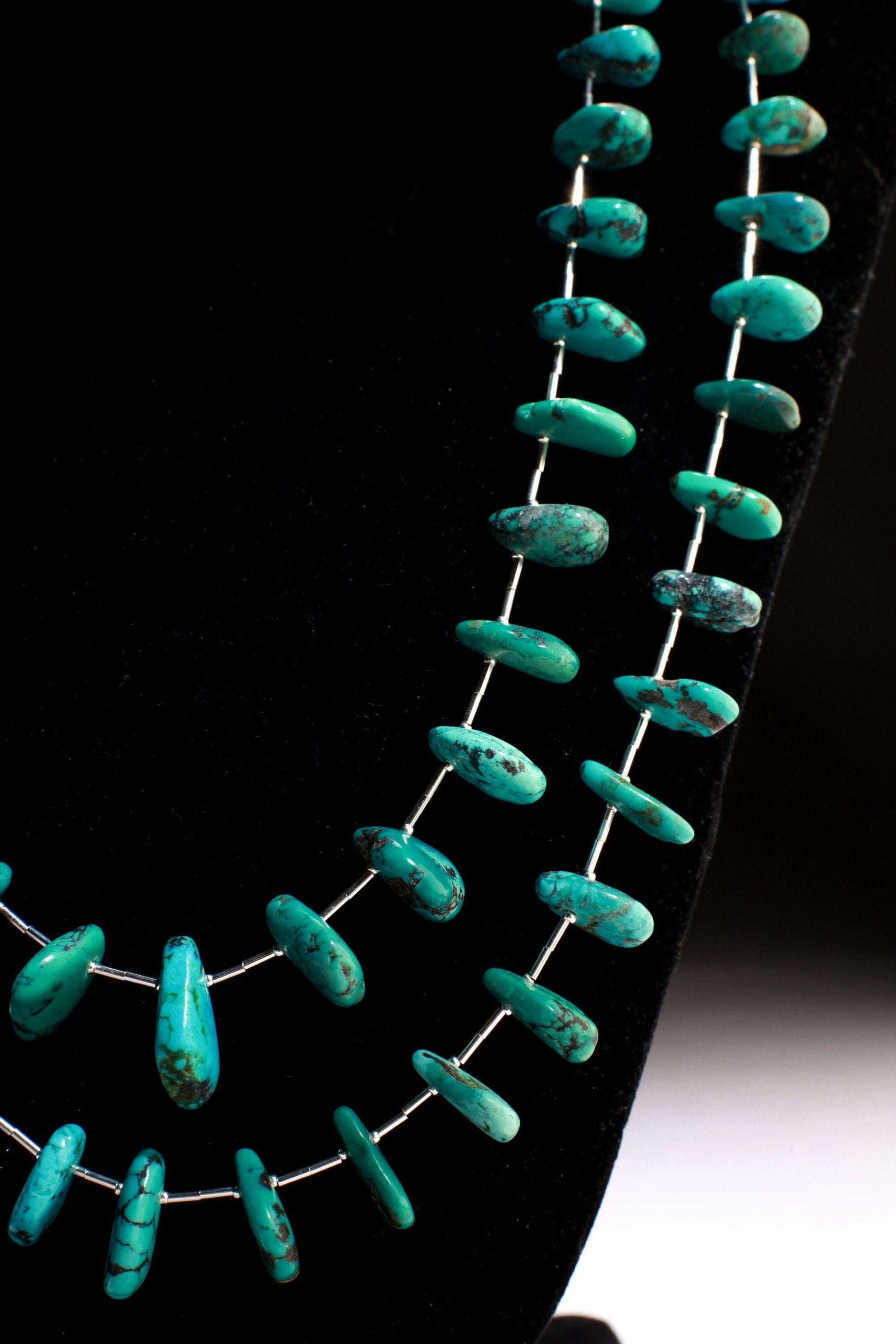 Natural Tibetan Turquoise Teardrop Necklace with 925 Sterling Silver Clasp and Liquid Silver 27" Double Layer Navajo Fetish Necklace