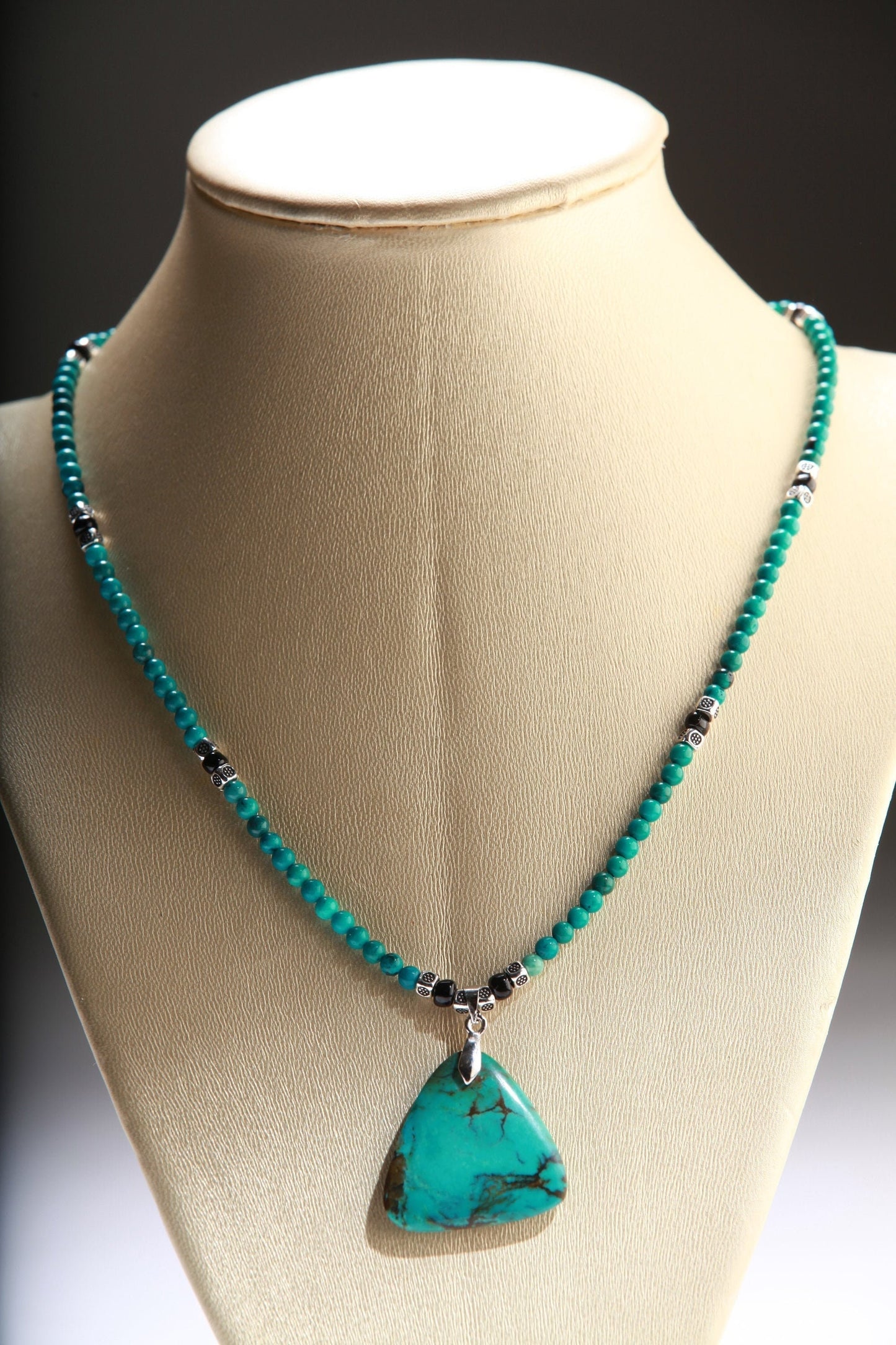 Turquoise Necklace, Natural Tibetan Spiderweb Turquoise Triangle 28mm Pendant, natural Turquoise round beaded silver Necklace 17”, Ext 2”