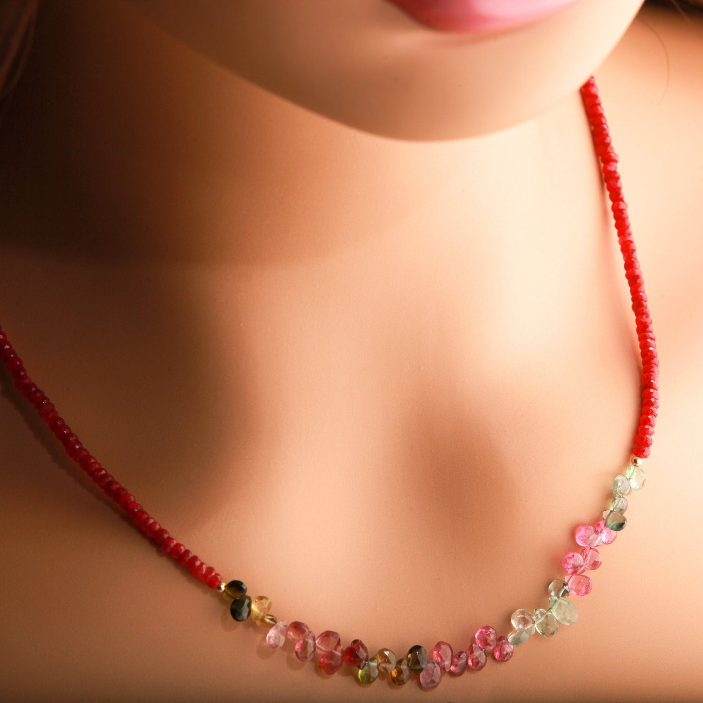 Natural AAA Tourmaline Briolette Teardrop with Faceted Genuine Ruby in 14K Gold Filled 16&quot;-24&quot; Necklace, precious Gift For Her,