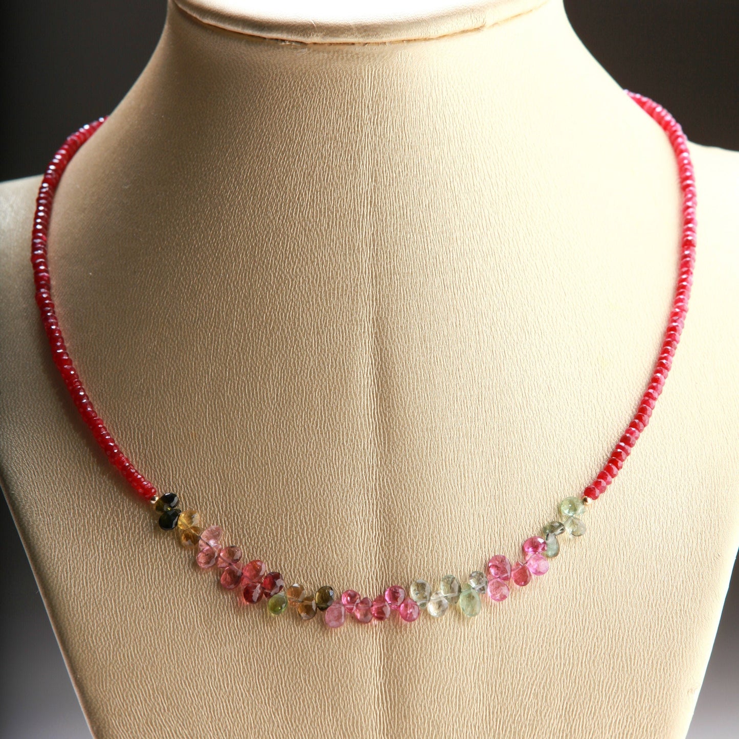 Natural AAA Tourmaline Briolette Teardrop with Faceted Genuine Ruby in 14K Gold Filled 16"-24" Necklace, precious Gift For Her,