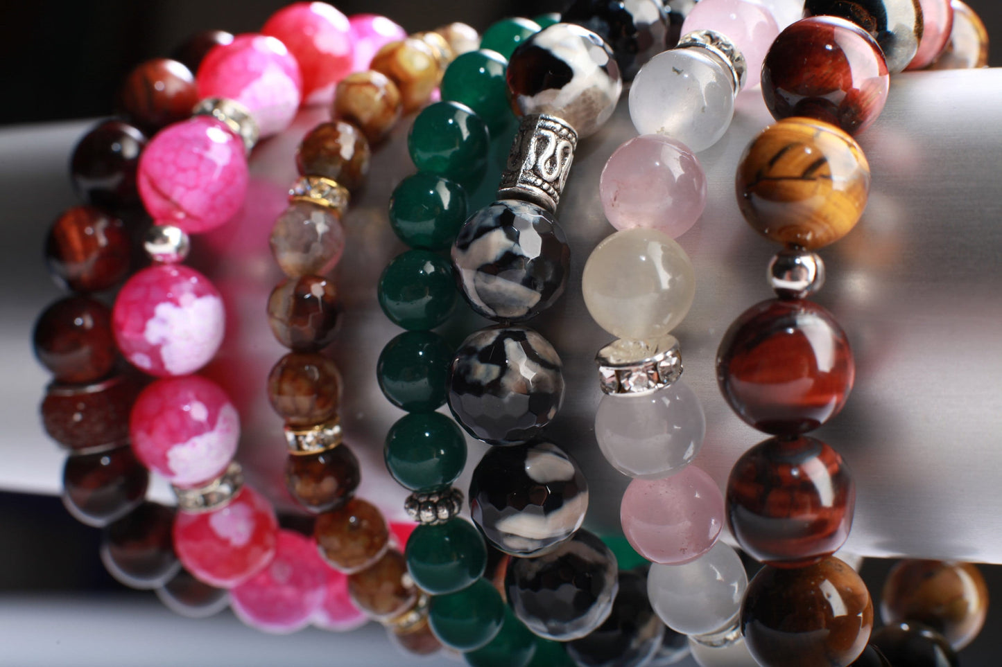 Fire Agate with Rhinestone Natural Gemstone, Crystal Stretchy Bracelet 7"