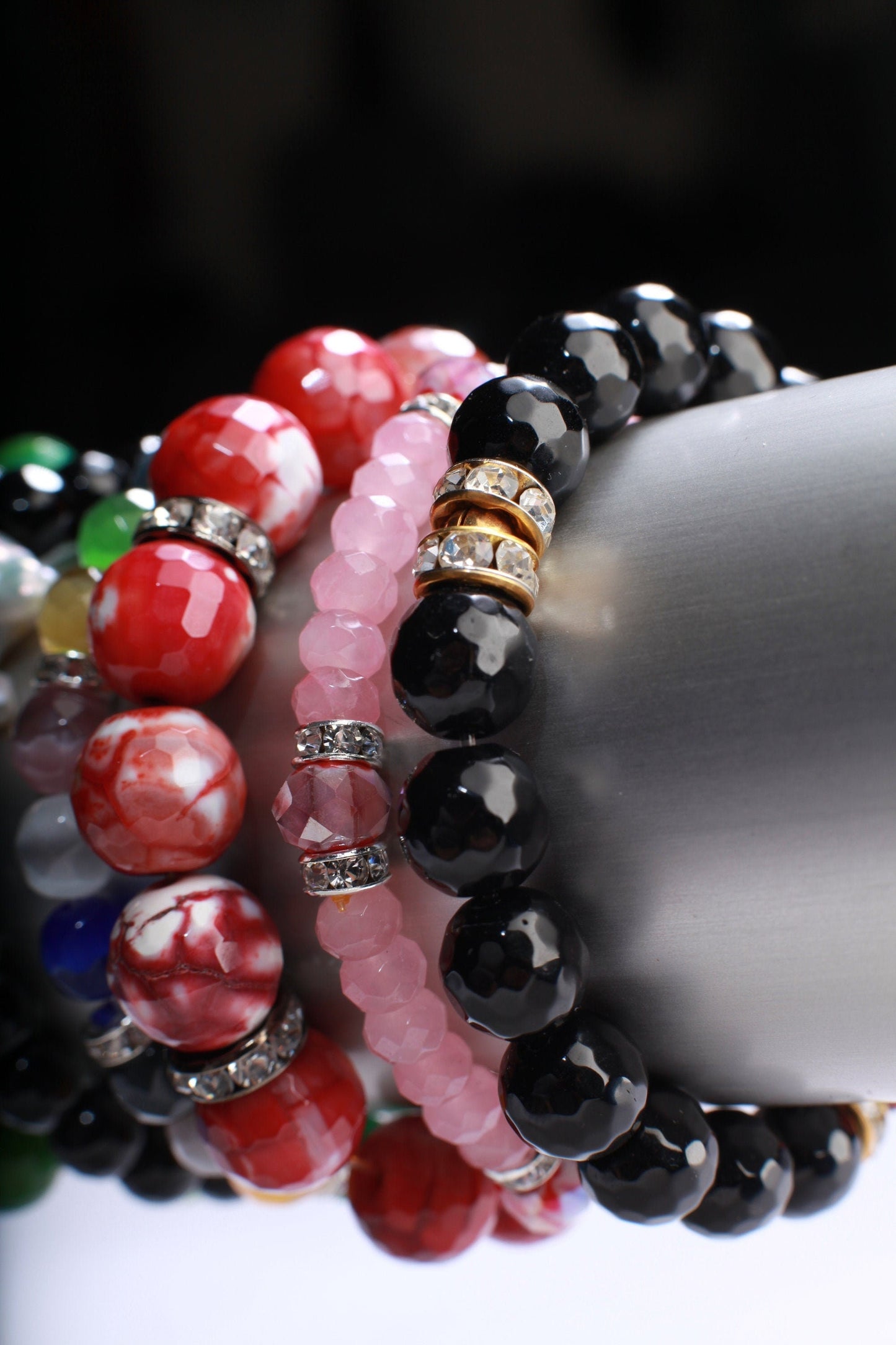 Fire Agate Rhinestone Natural Gemstone, Crystal Stretchy Bracelet 6&quot;