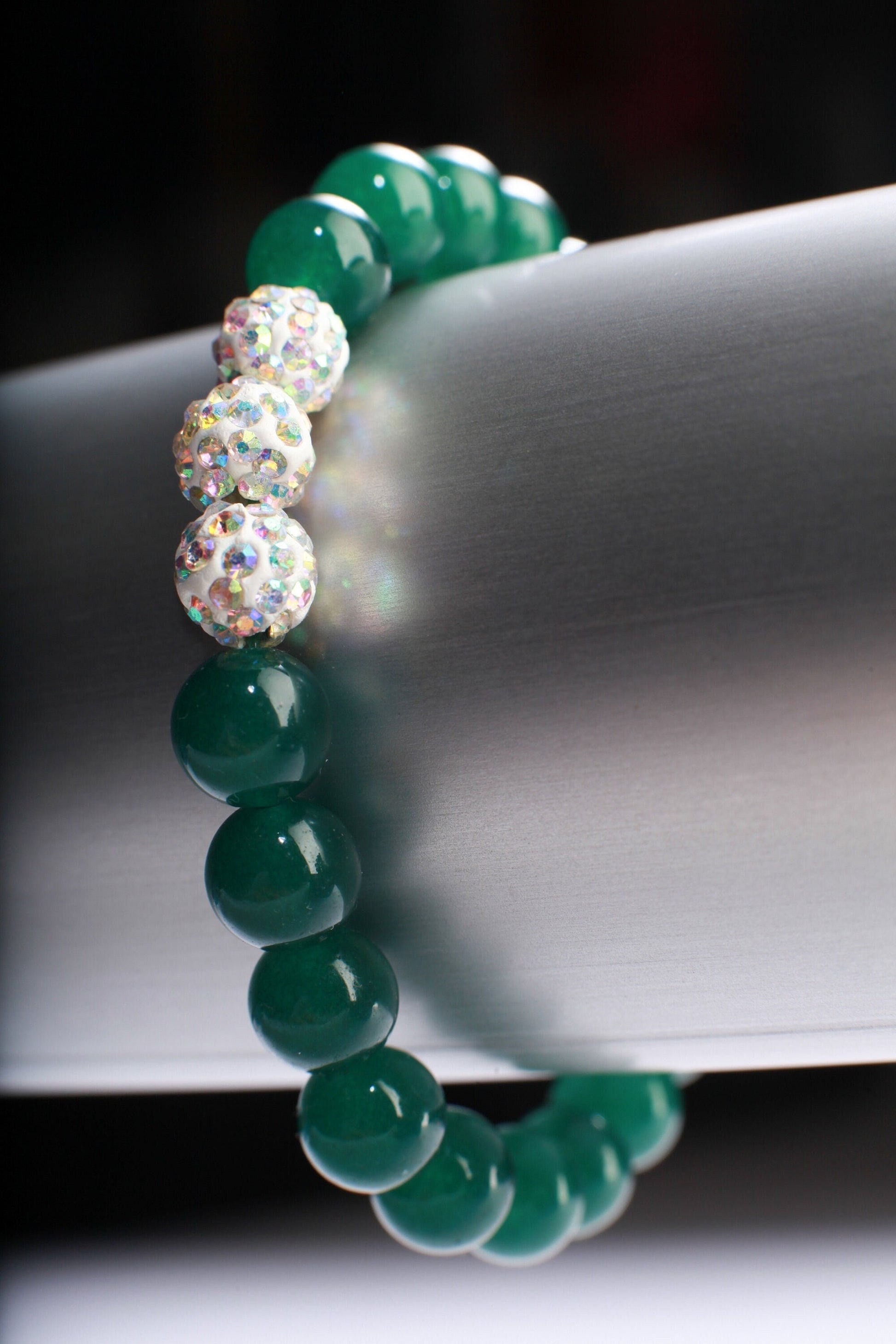 Green Onyx with Rhinestone Natural Gemstone, rhinestone snowball sparkle round spacer Stretchy Bracelet 6&quot;-9.5&quot;, post is for green onyx only