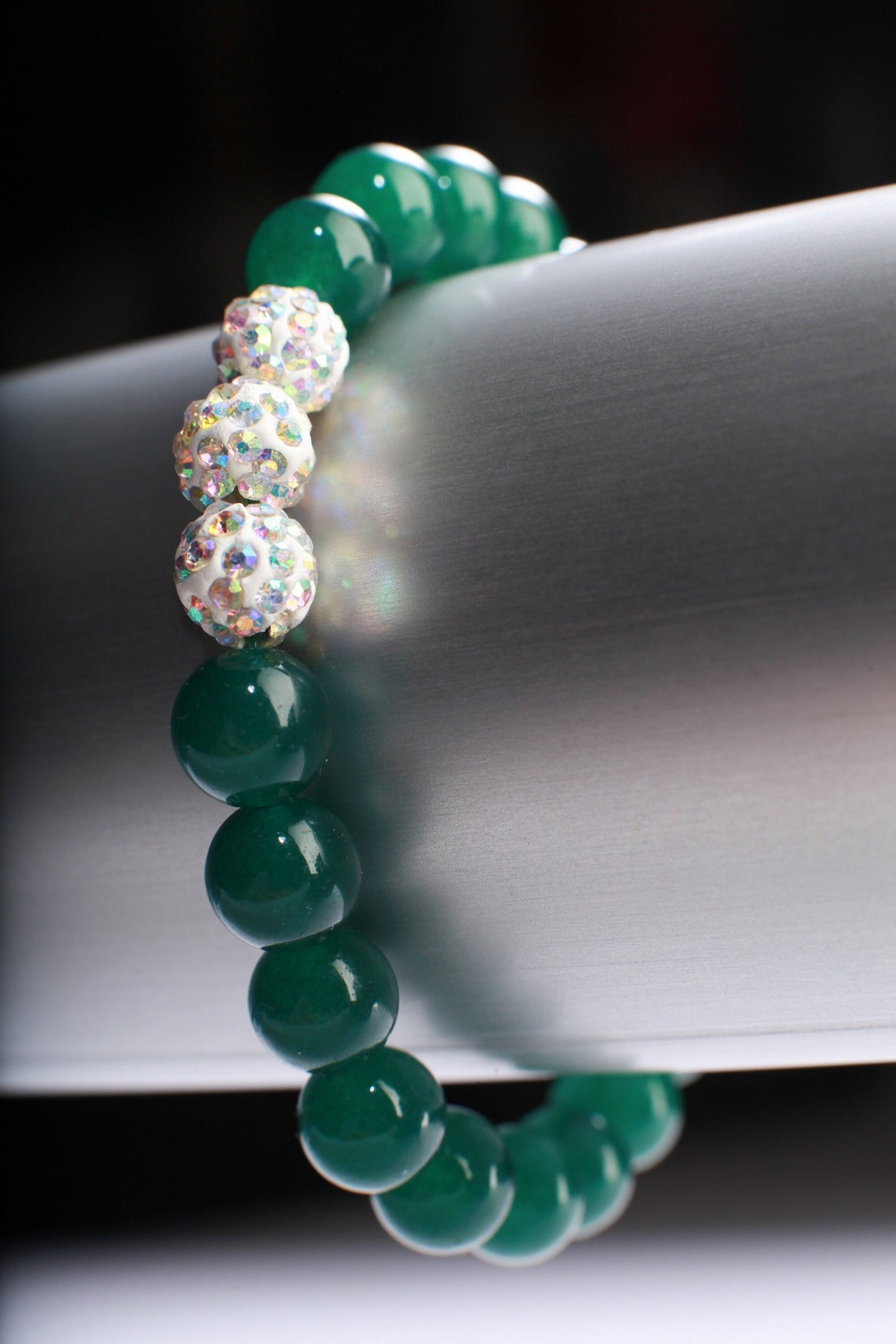 Green Onyx with Rhinestone Natural Gemstone, rhinestone snowball sparkle round spacer Stretchy Bracelet 6"-9.5", post is for green onyx only