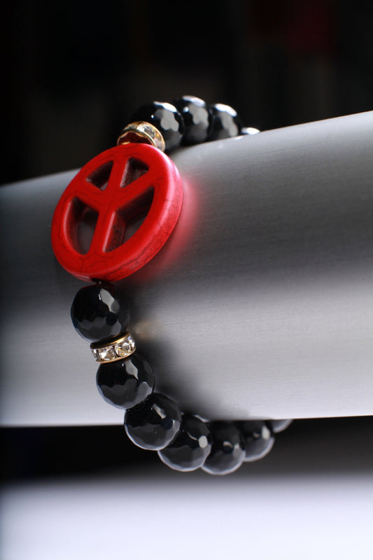 Onyx & Rhinestone Natural Gemstone, Crystal Stretchy Bracelet 6"