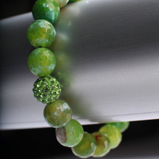 Green Fire Agate with matching 1 piece Rhinestone round Natural Gemstone, Crystal Stretchy Bracelet 6.5&quot;