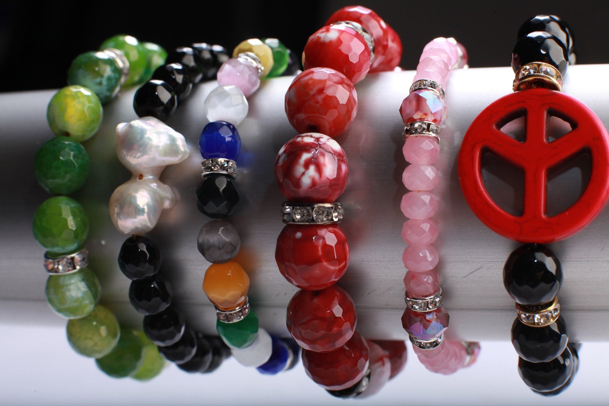Cat's Eye Rhinestone Natural Gemstone, Crystal Stretchy Bracelet 6"
