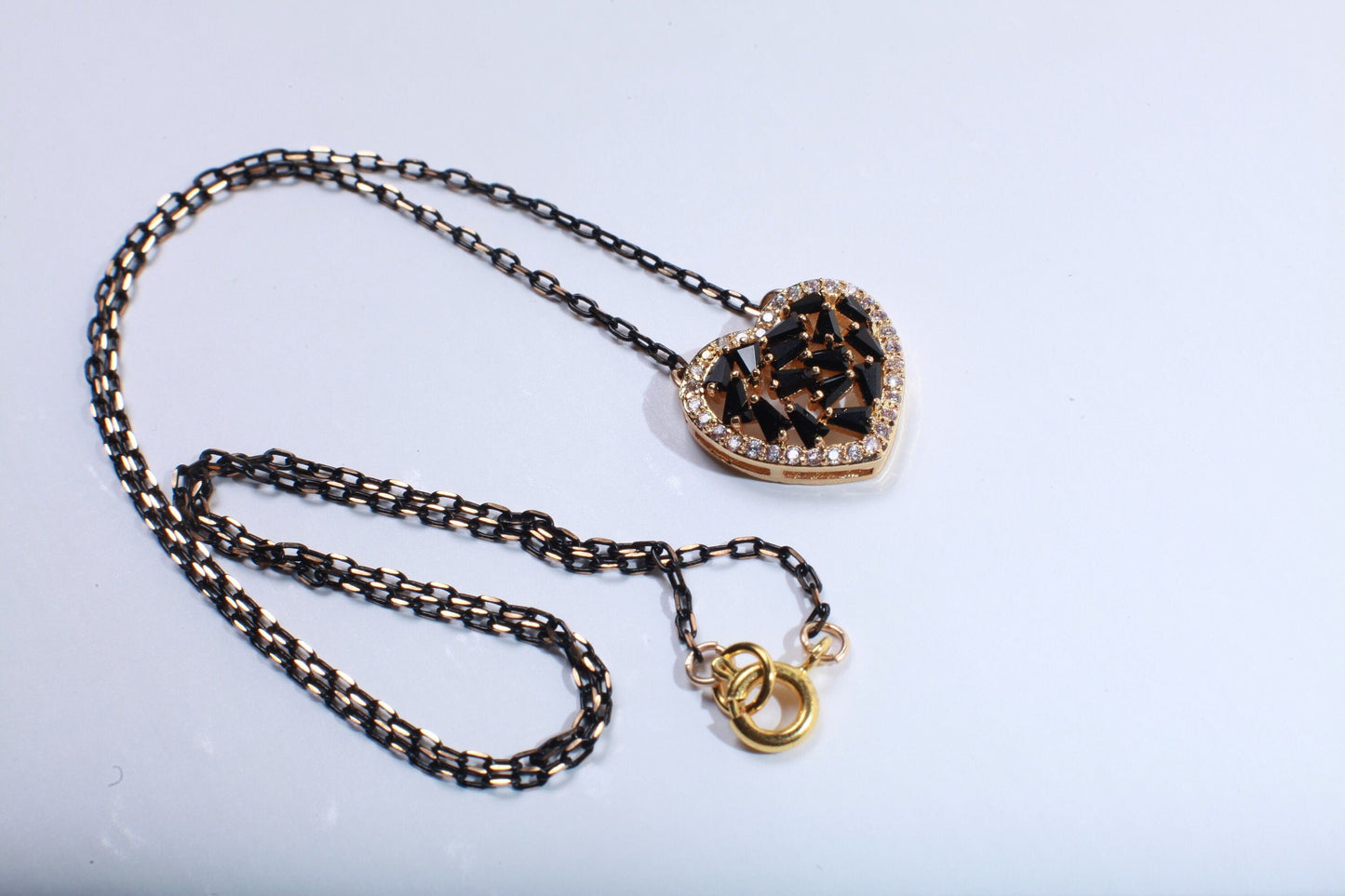Black Spinel with Cubic Zirconia Micro Pave Heart Charm Pendant with Gold Oxidized Two Tone Necklace Available in 16&quot;,18&quot; and 20&quot;