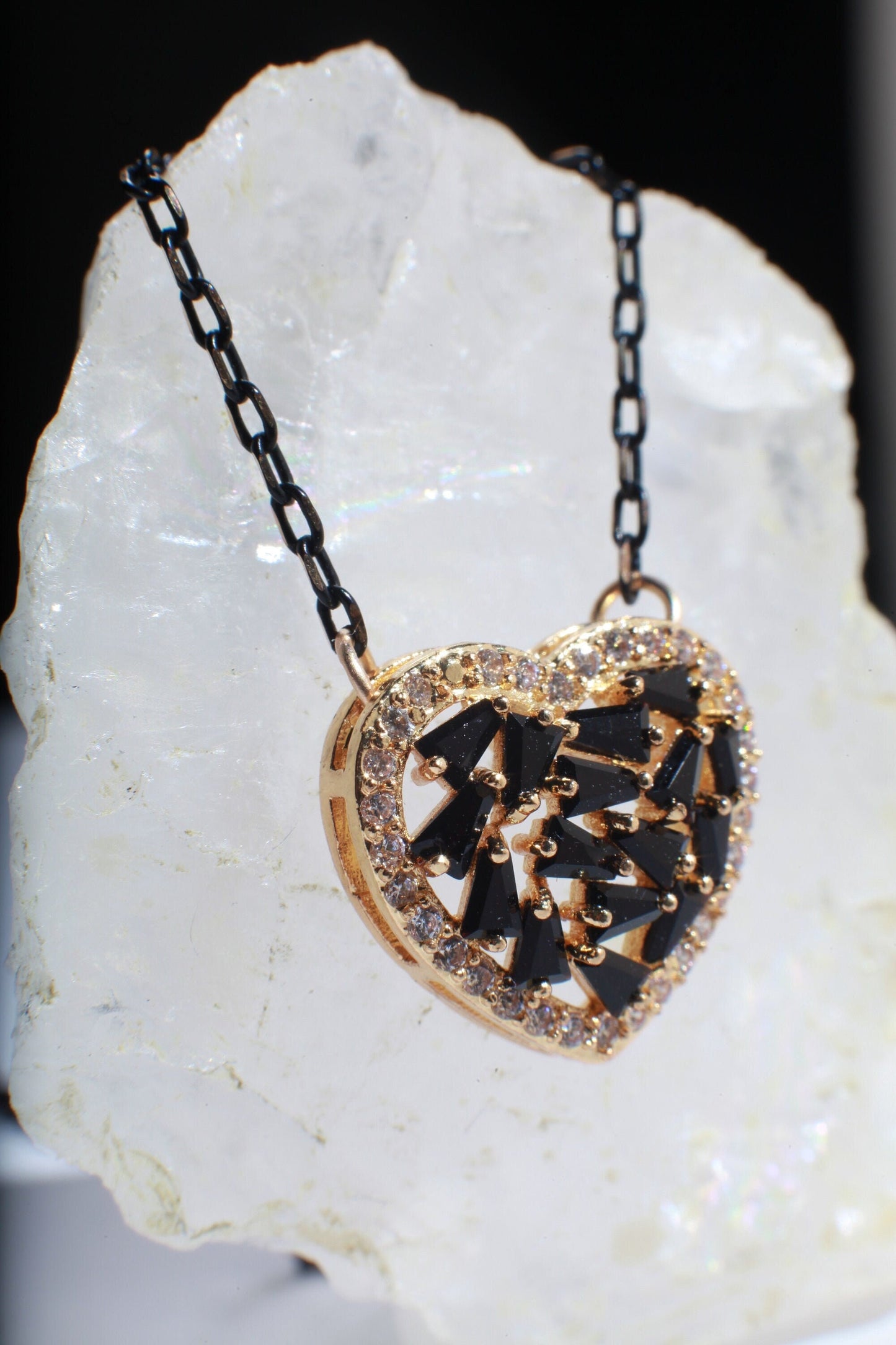Black Spinel with Cubic Zirconia Micro Pave Heart Charm Pendant with Gold Oxidized Two Tone Necklace Available in 16&quot;,18&quot; and 20&quot;