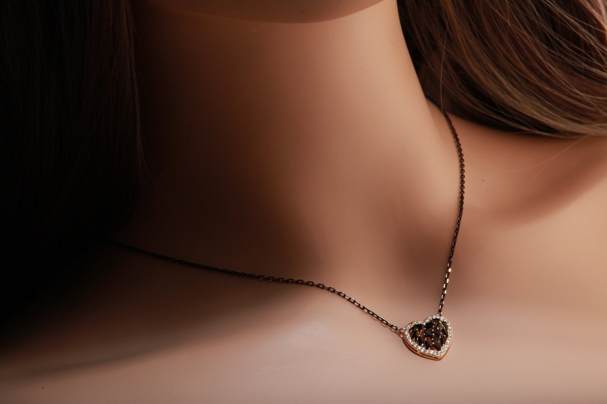 Black Spinel with Cubic Zirconia Micro Pave Heart Charm Pendant with Gold Oxidized Two Tone Necklace Available in 16&quot;,18&quot; and 20&quot;