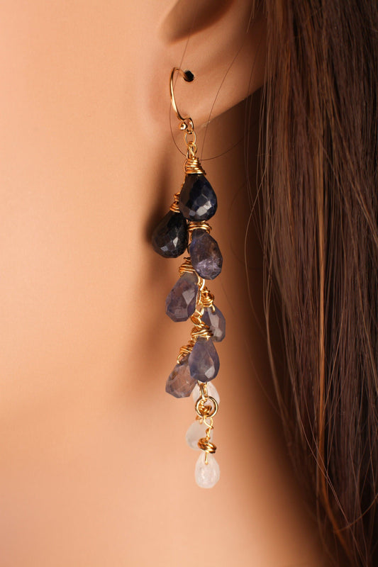 Ombre Blue Sapphire, Iolite, Moonstone Wire Wrapped Dangling Faceted Briolette Drop 5x7-6x9mm Cascade Earrings in 14K Gold Filled Earring
