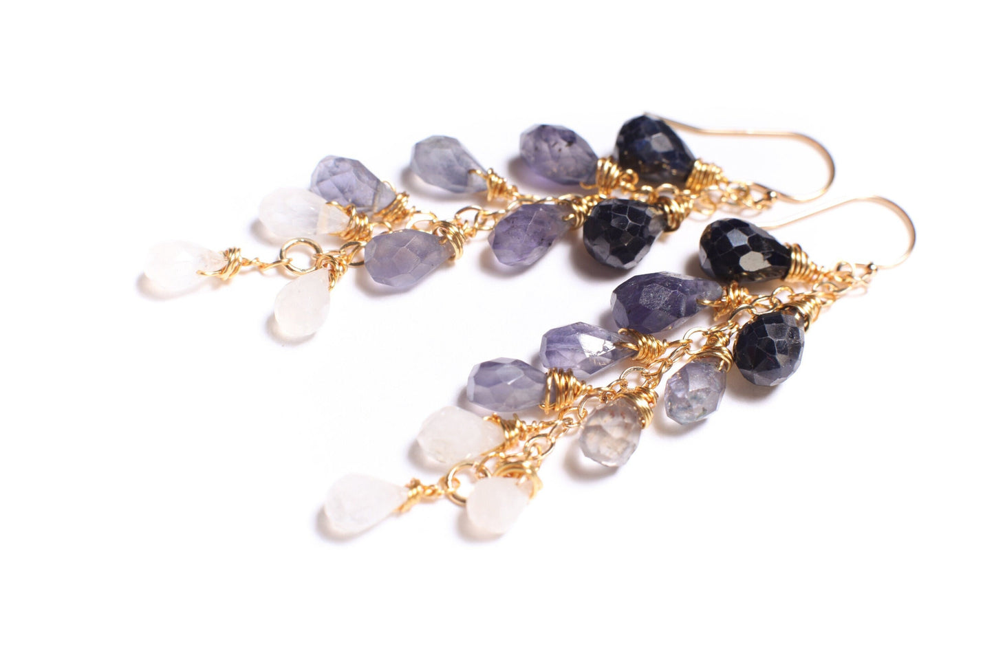 Ombre Blue Sapphire, Iolite, Moonstone Wire Wrapped Dangling Faceted Briolette Drop 5x7-6x9mm Cascade Earrings in 14K Gold Filled Earring