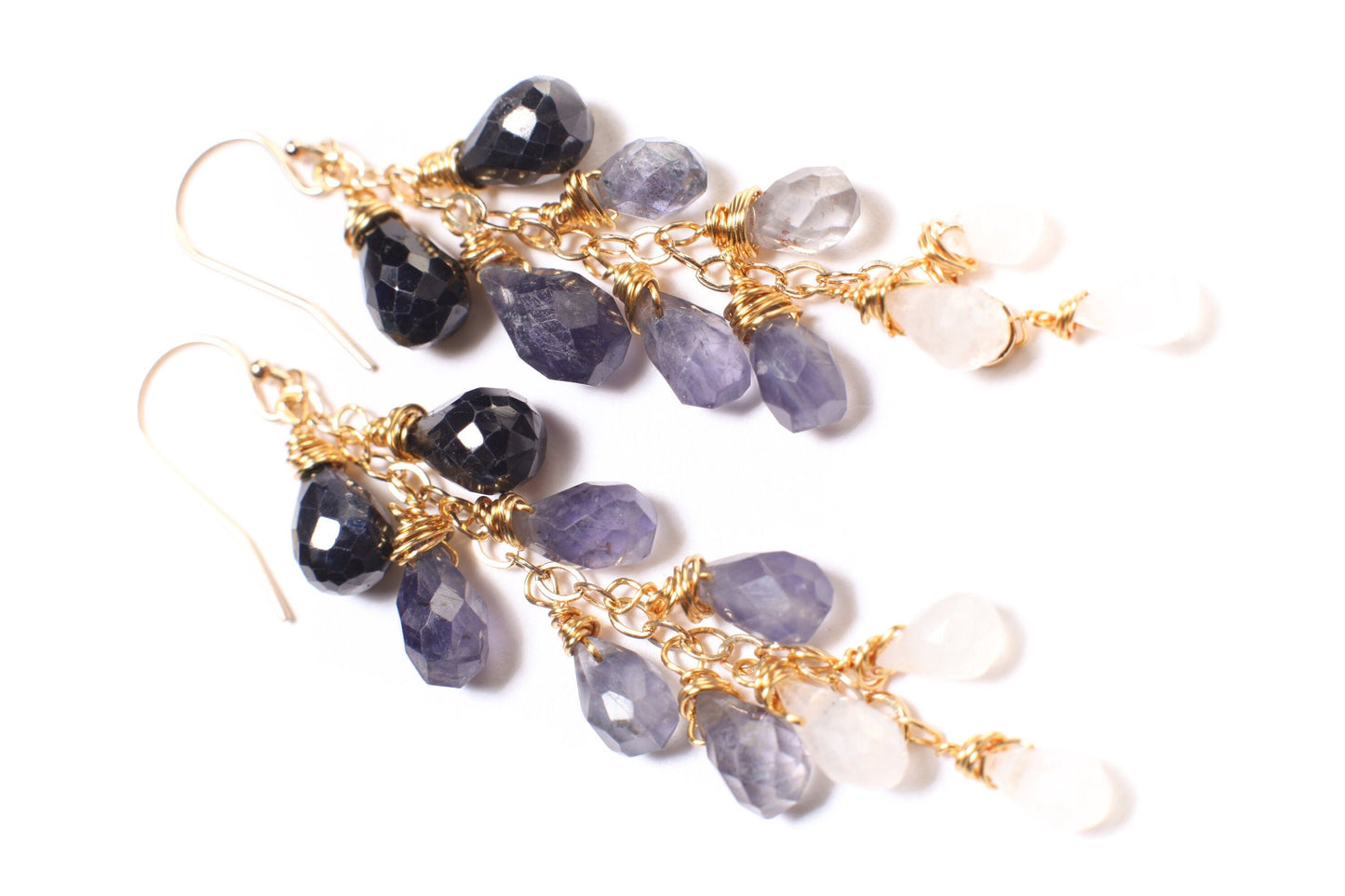 Ombre Blue Sapphire, Iolite, Moonstone Wire Wrapped Dangling Faceted Briolette Drop 5x7-6x9mm Cascade Earrings in 14K Gold Filled Earring