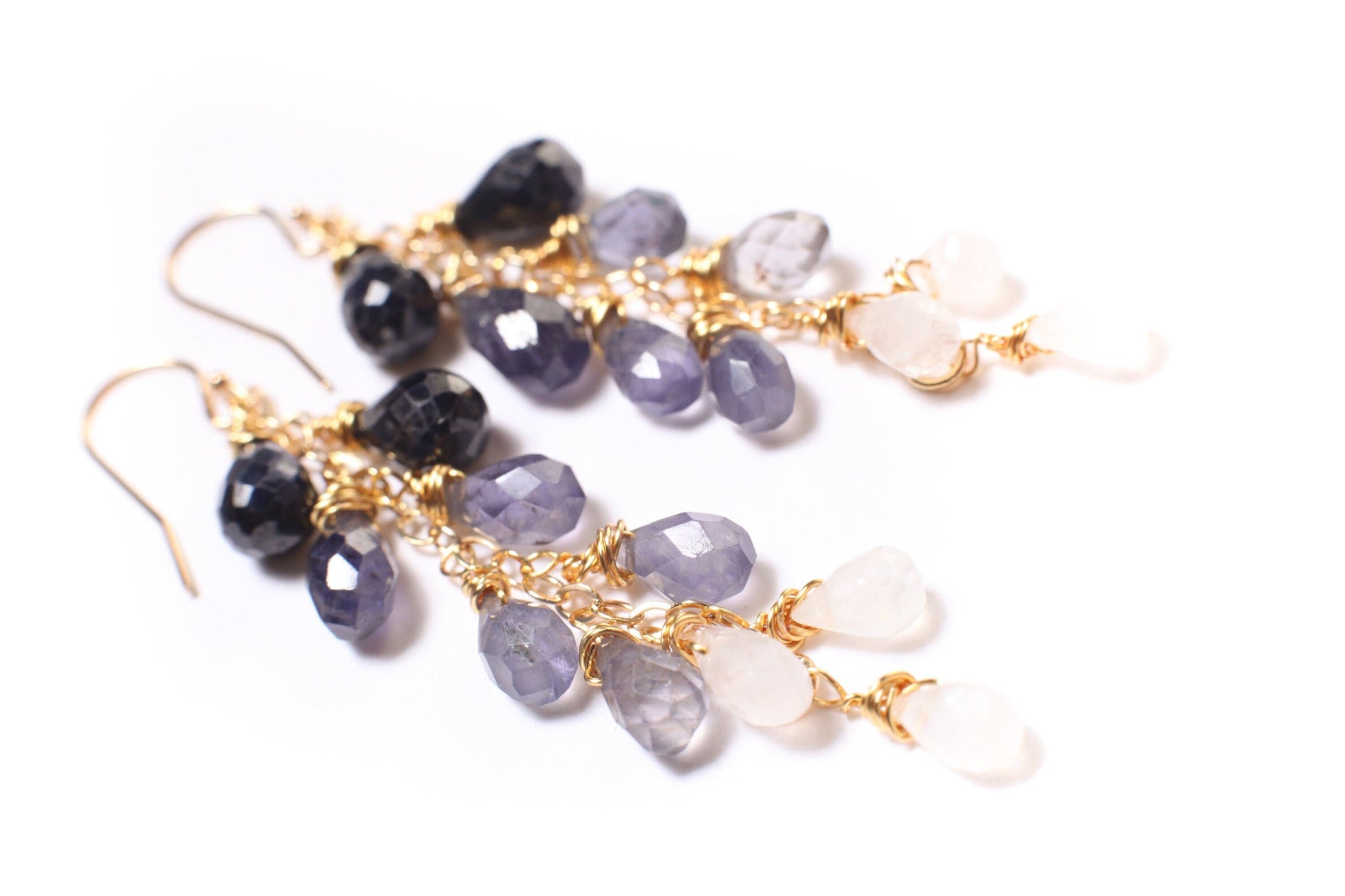 Ombre Blue Sapphire, Iolite, Moonstone Wire Wrapped Dangling Faceted Briolette Drop 5x7-6x9mm Cascade Earrings in 14K Gold Filled Earring