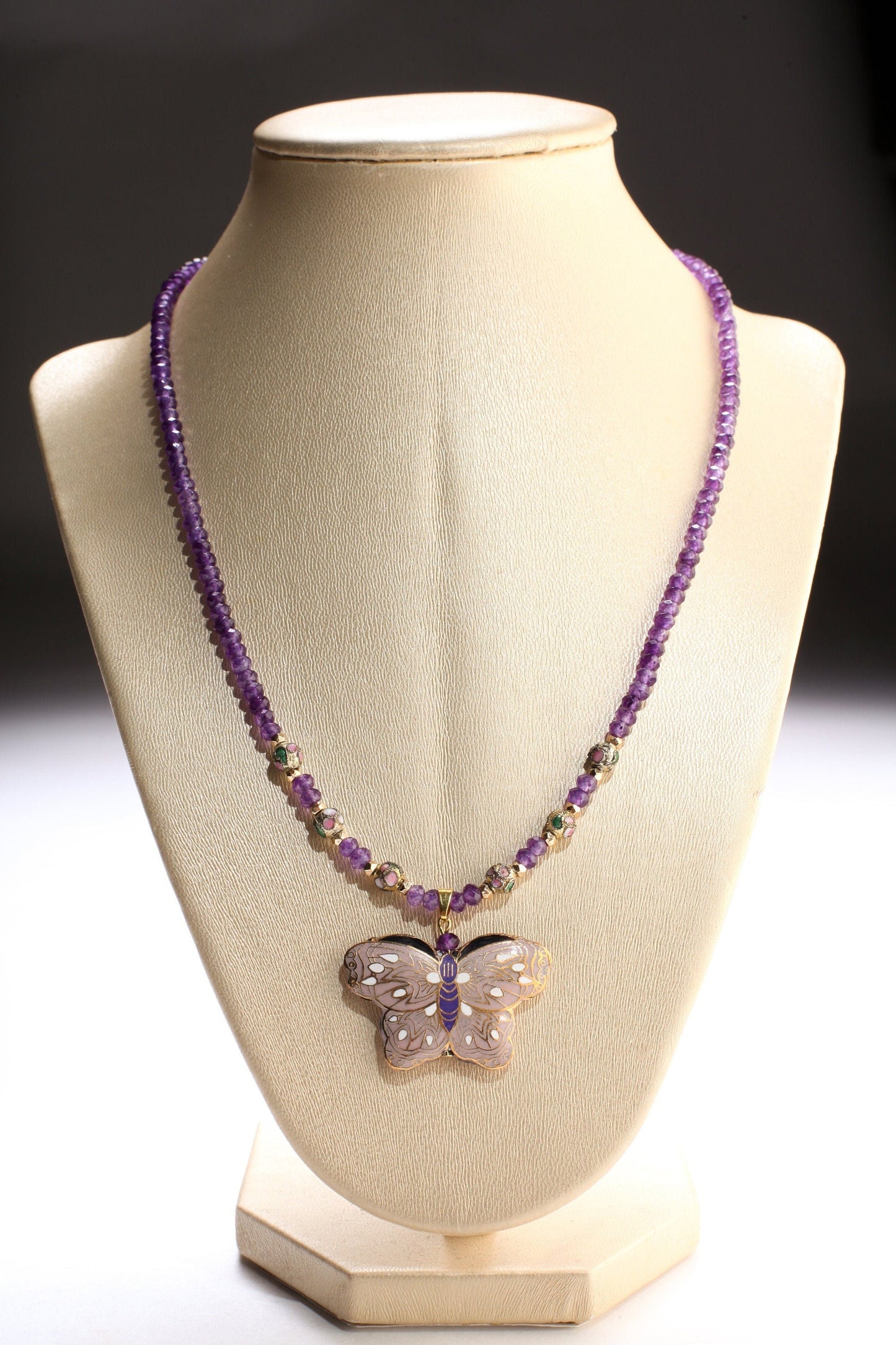 Traditional Cloisonné Pendant Double Sided Vintage Butterfly, Amethyst Faceted Rondelle 4mm, Cloisonne Spacer 19" Necklace with 2"Extension