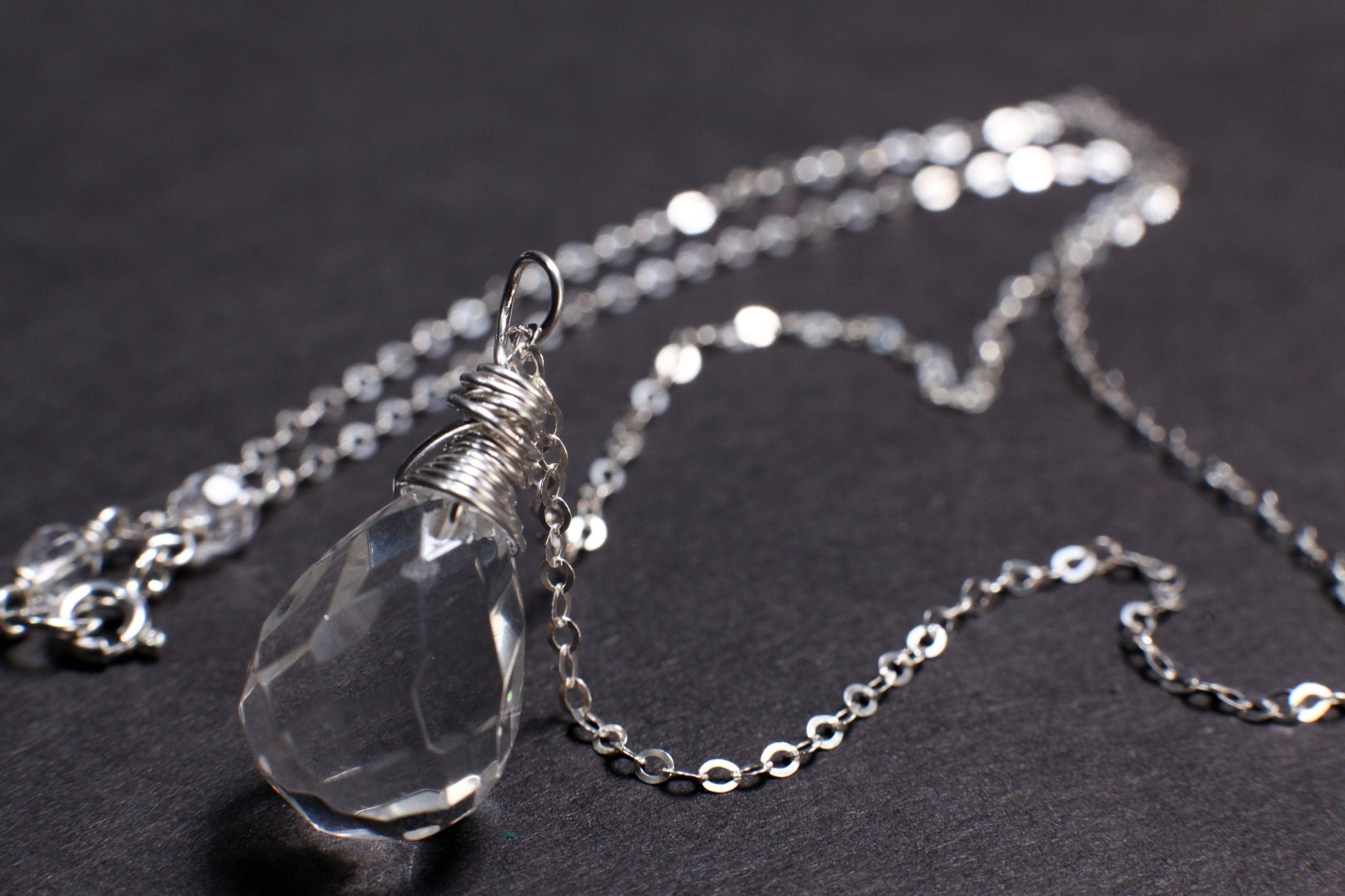 Natural Rock Crystal,Clear Quartz 12x17mm Faceted Briolette Drop Wire Wrapped Gemstone Pendant in 925 Sterling Silver Chain, necklace.