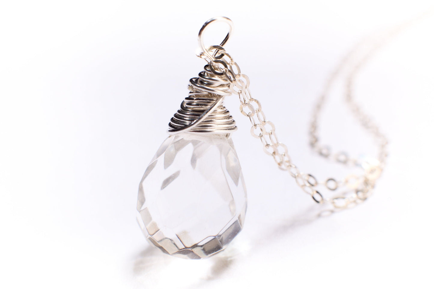 Natural Rock Crystal,Clear Quartz 12x17mm Faceted Briolette Drop Wire Wrapped Gemstone Pendant in 925 Sterling Silver Chain, necklace.