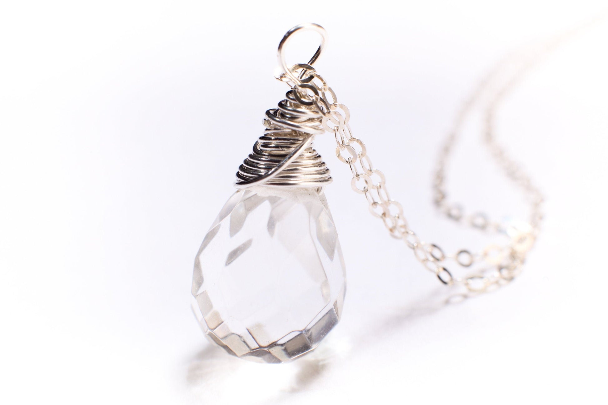 Natural Rock Crystal,Clear Quartz 12x17mm Faceted Briolette Drop Wire Wrapped Gemstone Pendant in 925 Sterling Silver Chain, necklace.