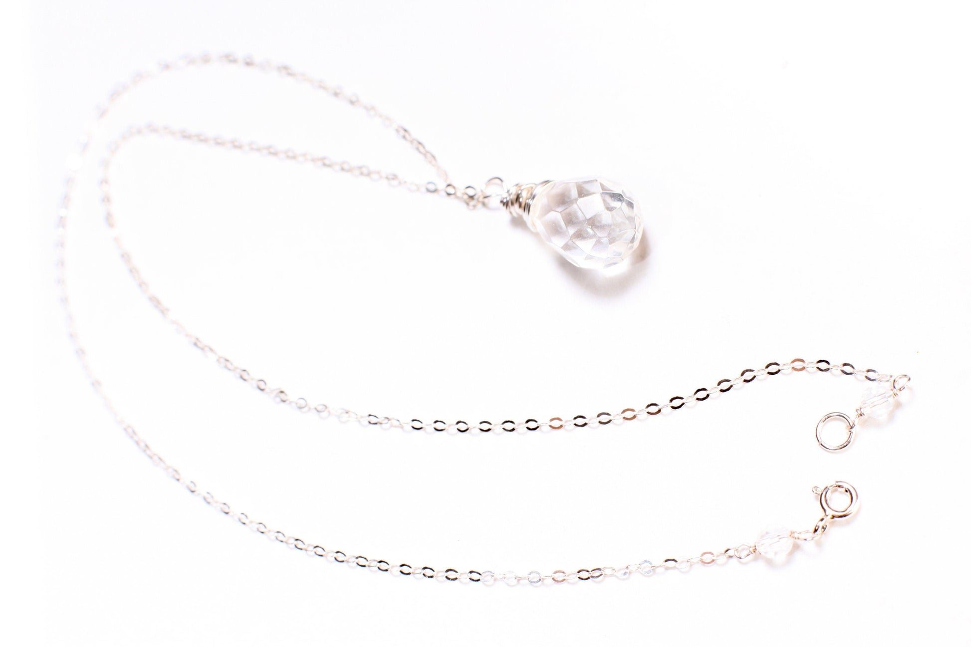 Natural Rock Crystal,Clear Quartz 12x17mm Faceted Briolette Drop Wire Wrapped Gemstone Pendant in 925 Sterling Silver Chain, necklace.