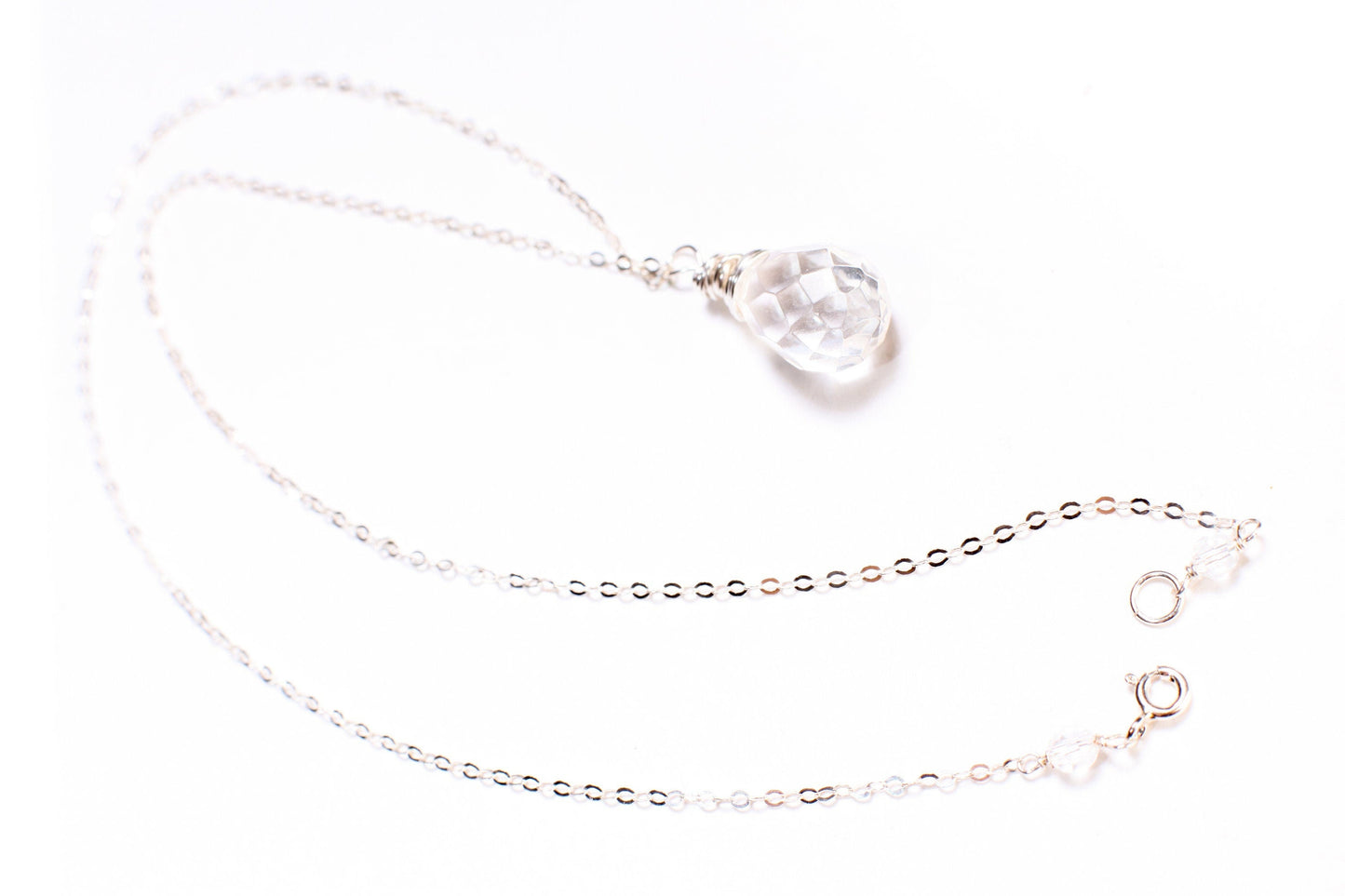 Natural Rock Crystal,Clear Quartz 12x17mm Faceted Briolette Drop Wire Wrapped Gemstone Pendant in 925 Sterling Silver Chain, necklace.