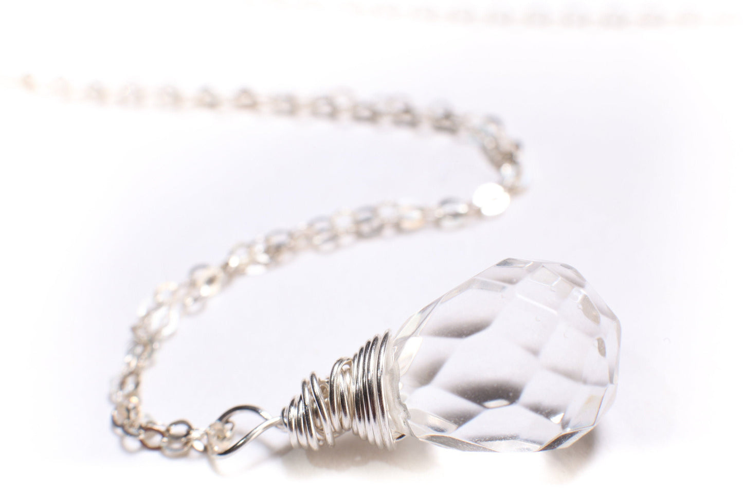 Natural Rock Crystal,Clear Quartz 12x17mm Faceted Briolette Drop Wire Wrapped Gemstone Pendant in 925 Sterling Silver Chain, necklace.