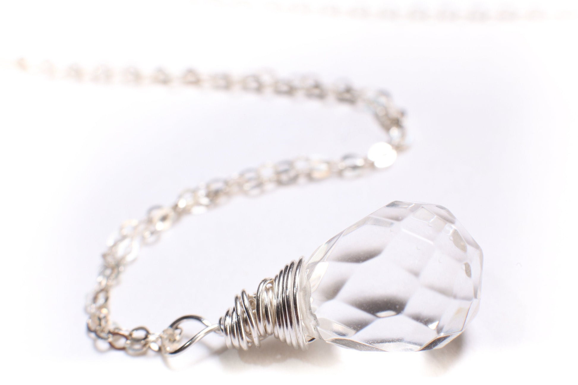 Natural Rock Crystal,Clear Quartz 12x17mm Faceted Briolette Drop Wire Wrapped Gemstone Pendant in 925 Sterling Silver Chain, necklace.