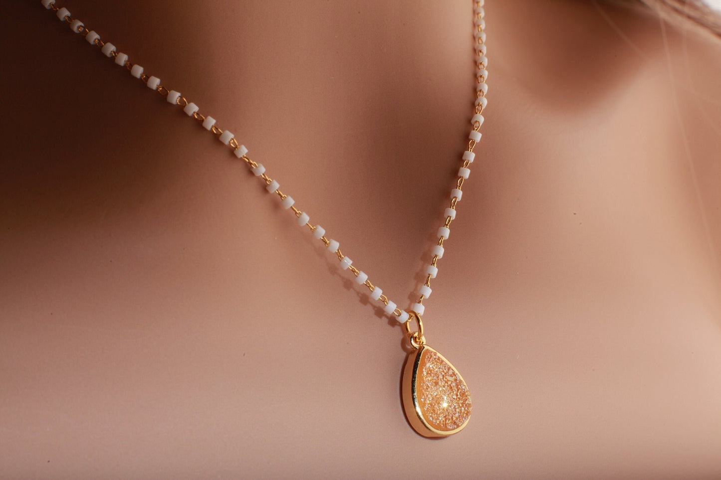 Genuine Druzy Agate Geode Gemstone Gold Pendant with Beaded Chain Necklace Available in 16&quot;, 18&quot; and 20&quot;