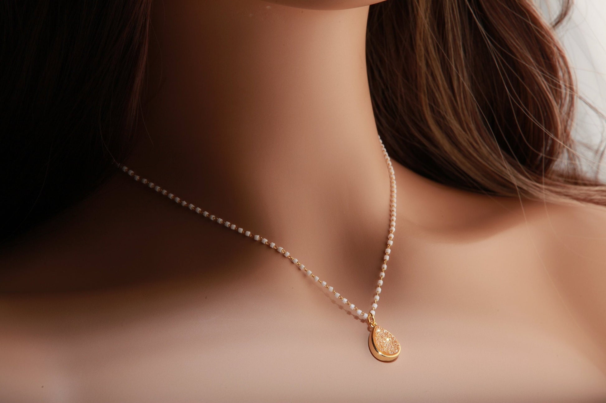 Genuine Druzy Agate Geode Gemstone Gold Pendant with Beaded Chain Necklace Available in 16", 18" and 20"