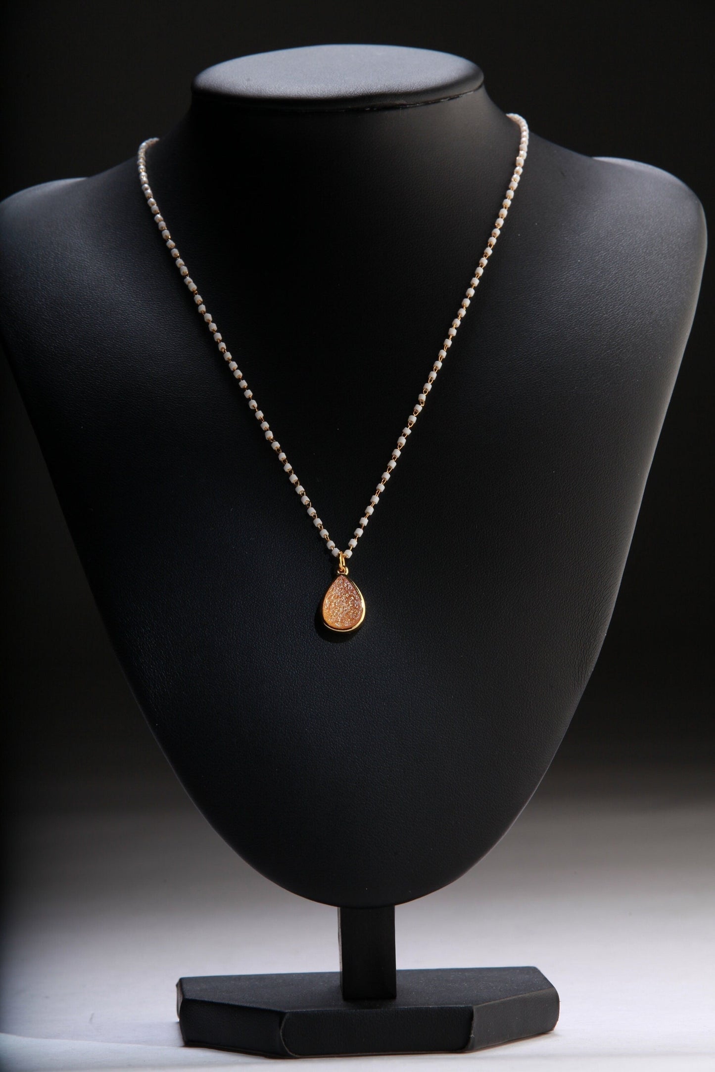 Genuine Druzy Agate Geode Gemstone Gold Pendant with Beaded Chain Necklace Available in 16&quot;, 18&quot; and 20&quot;