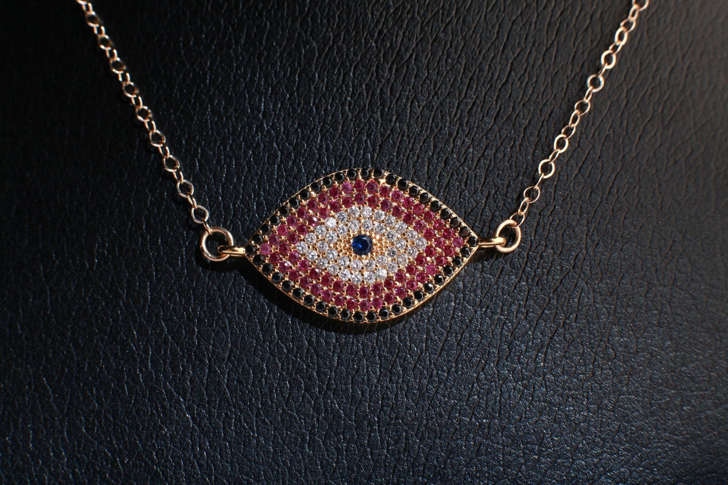 Cubic Zirconia Micro Pave Diamond Style Evil Eye Pendant with 14K Gold Filled Necklace, 3 Choice of Colors in 16&quot;,18&quot;,20&quot;, 22&quot; and 24&quot;