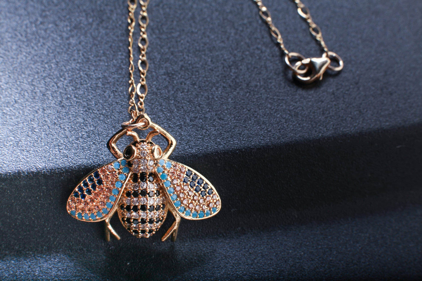 Cubic Zirconia Micro Pave Diamond Style Bee Pendant with 14K Gold Filled Figure 8 Layering Necklace 14”-30”
