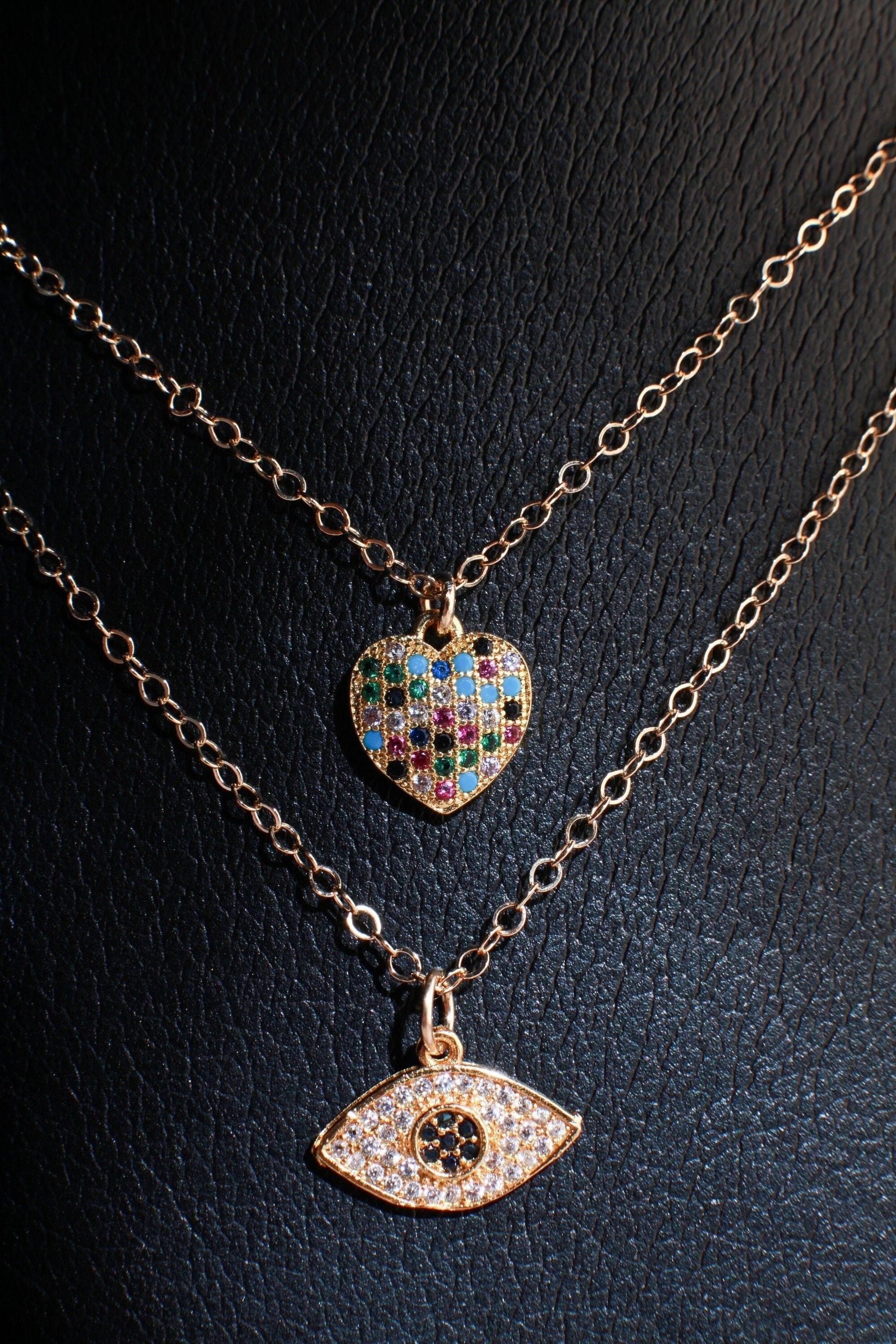 Cubic Zirconia Micro Pave Diamond Style Pendant with 14K Gold Filled Layering Necklace in 16&quot;,18&quot;,20&quot;, 22&quot;,24&quot;, Choice of Heart or Evil Eye