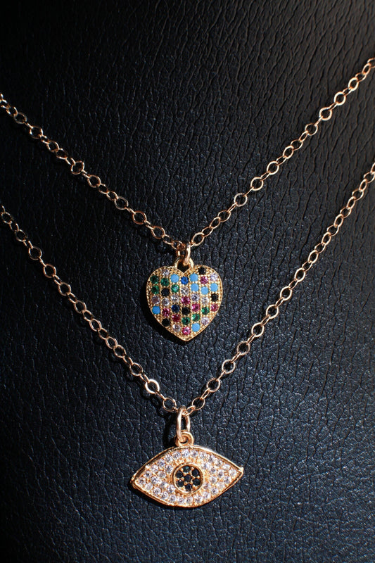 Cubic Zirconia Micro Pave Diamond Style Pendant with 14K Gold Filled Layering Necklace in 16",18",20", 22",24", Choice of Heart or Evil Eye