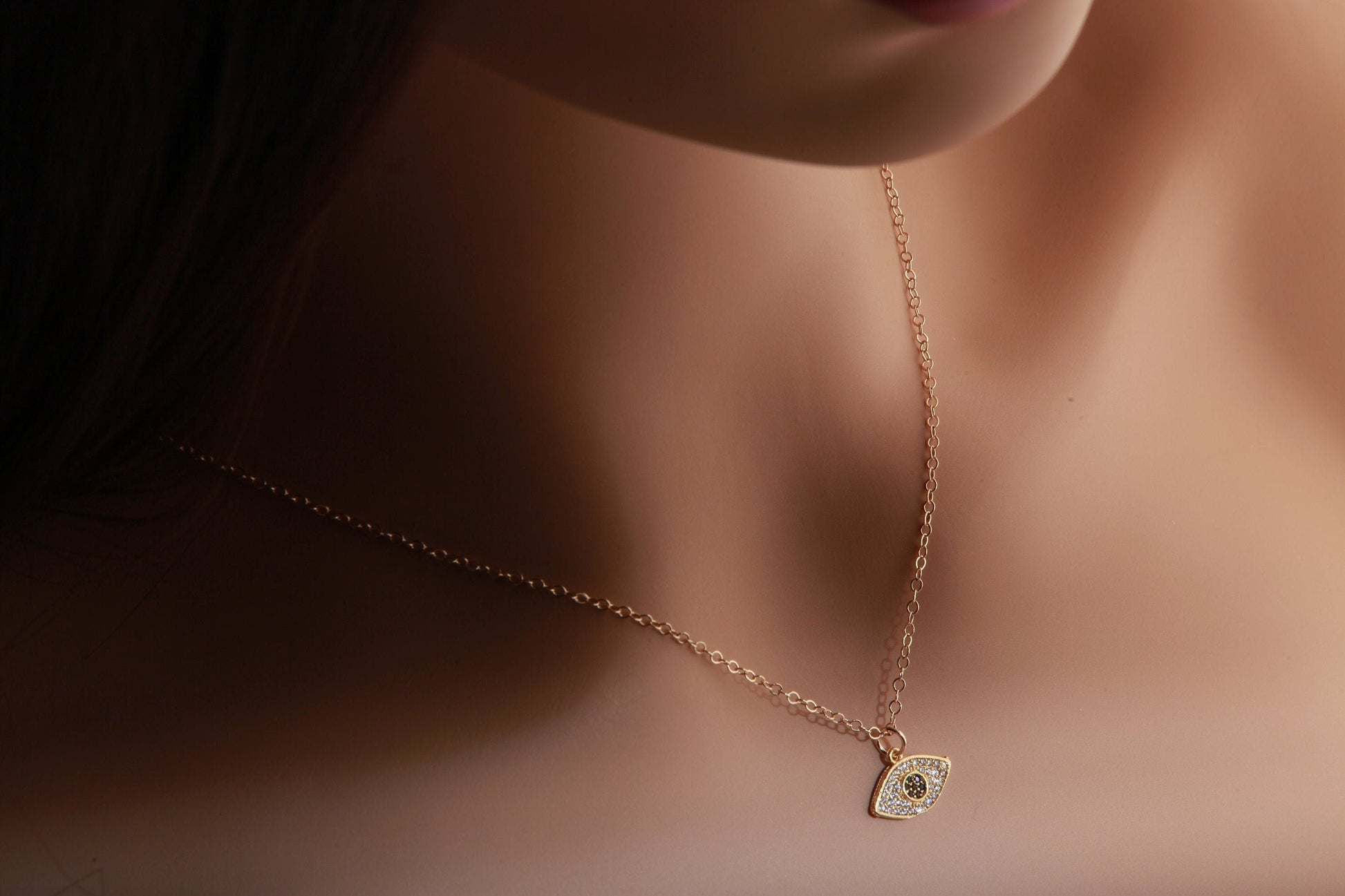 Cubic Zirconia Micro Pave Diamond Style Pendant with 14K Gold Filled Layering Necklace in 16&quot;,18&quot;,20&quot;, 22&quot;,24&quot;, Choice of Heart or Evil Eye