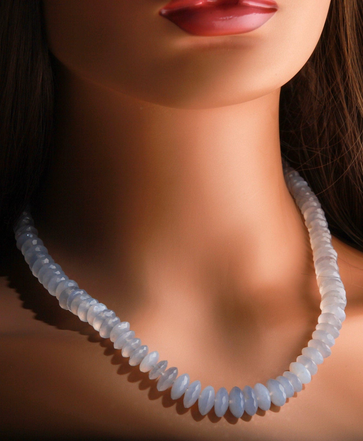 Natural Chalcedony sky blue AAA Quality German Cut Faceted Rondelle 7-12mm Graduated 17&quot; Necklace 2.5&quot; Extension Chain, precious gift.