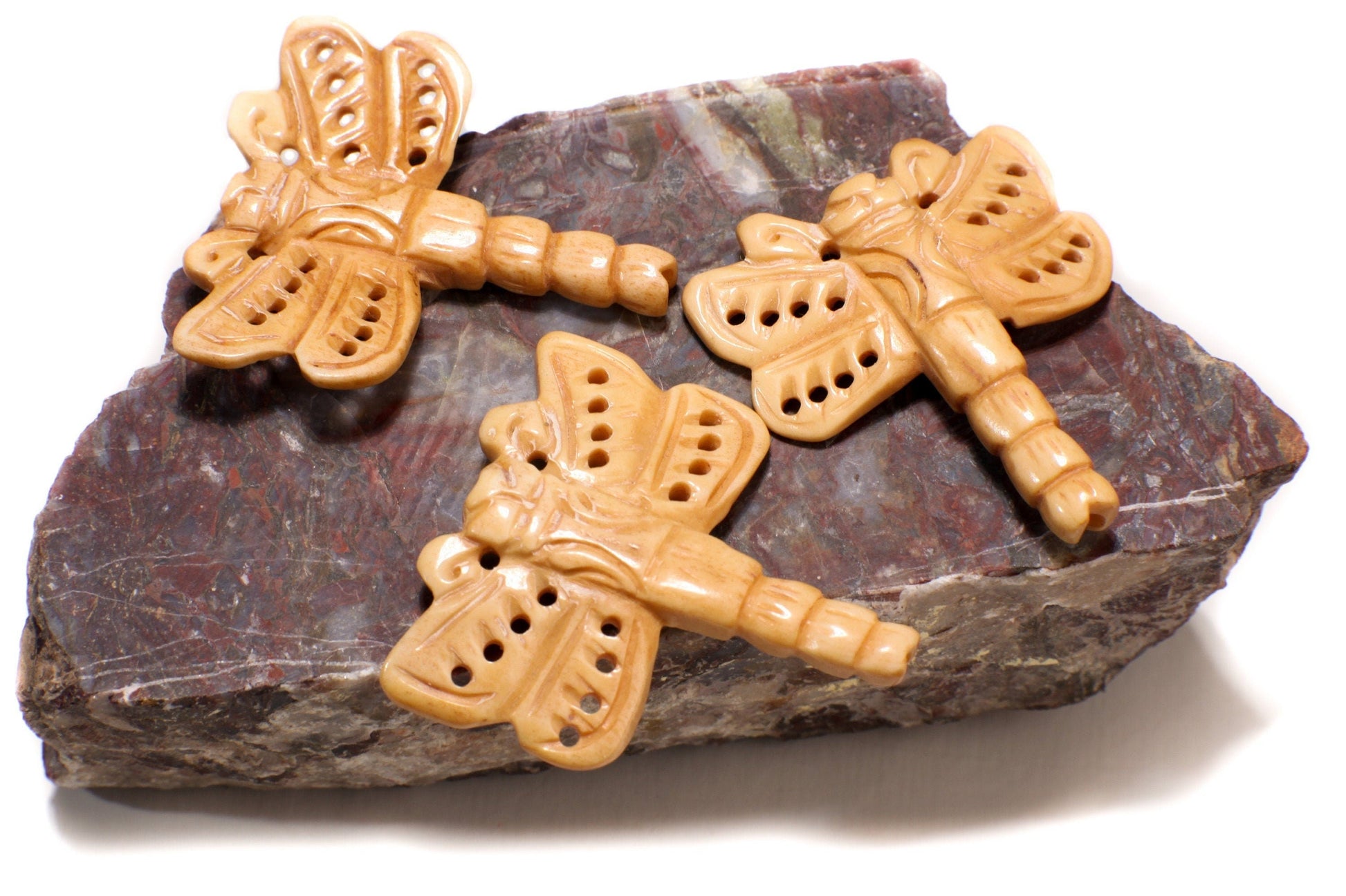 Carved Buffalo Bone Hand Carved Dragonfly, 40x45mm Double Sided, Drilled Bead Pendant, Art Deco