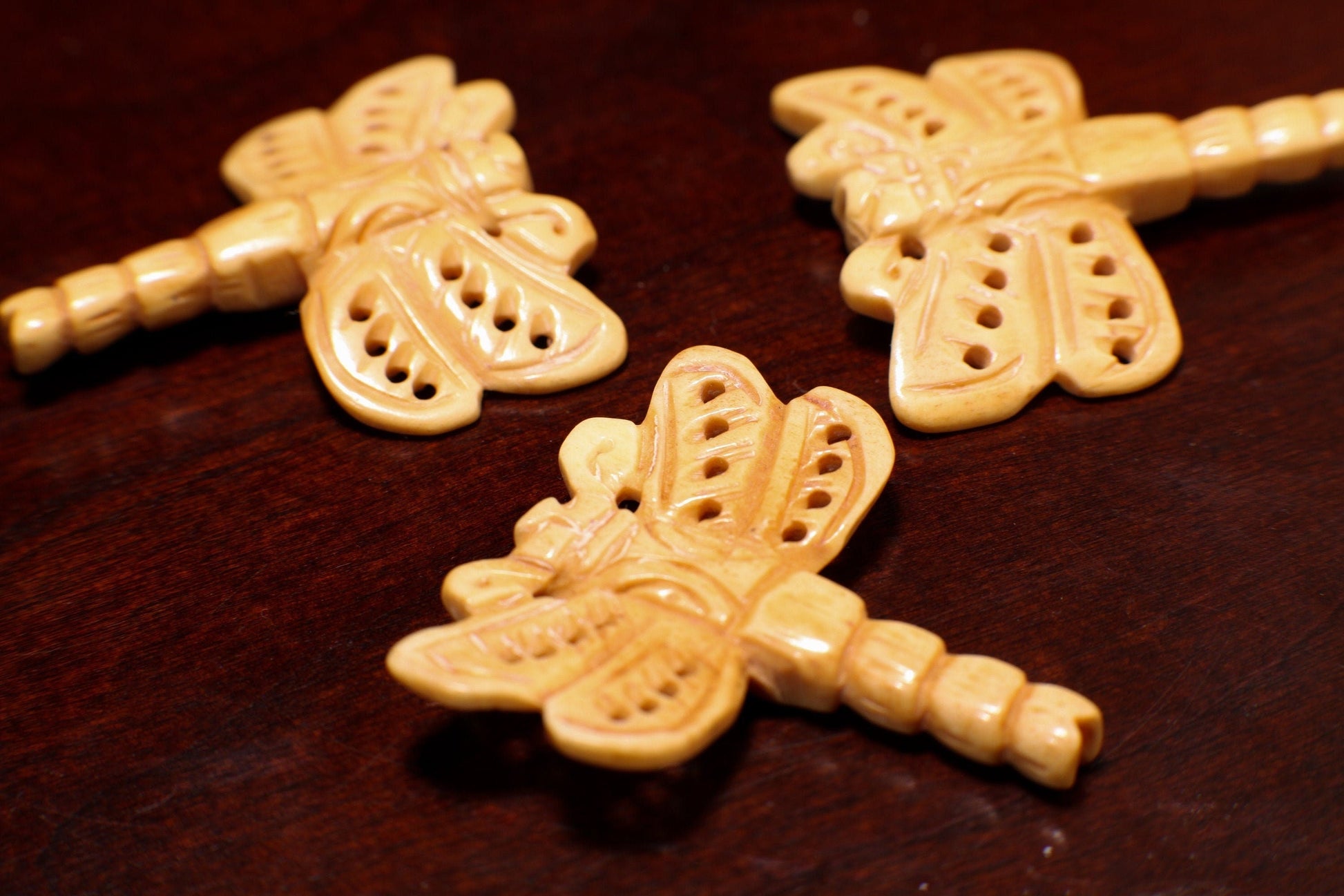 Carved Buffalo Bone Hand Carved Dragonfly, 40x45mm Double Sided, Drilled Bead Pendant, Art Deco