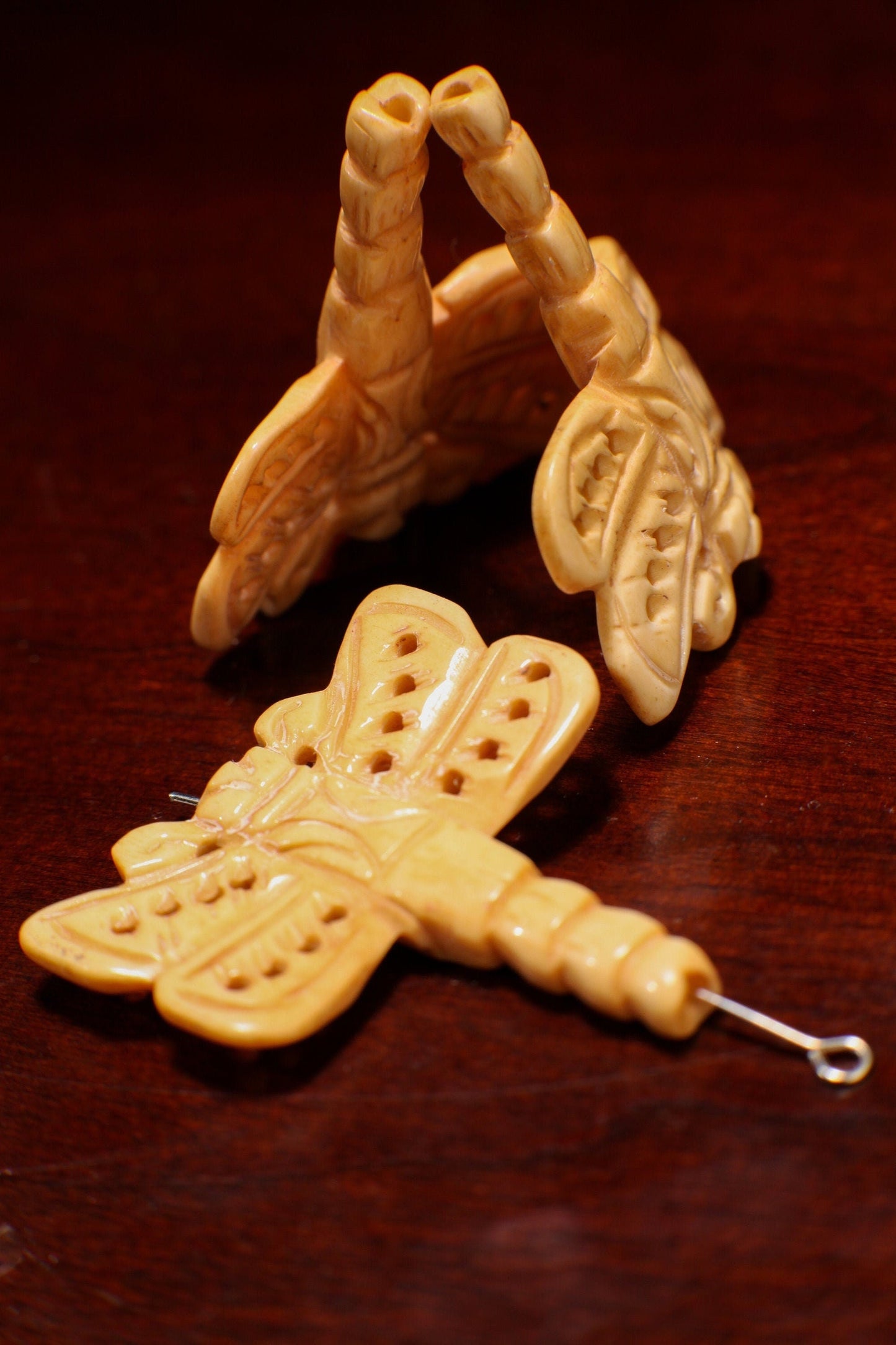 Carved Buffalo Bone Hand Carved Dragonfly, 40x45mm Double Sided, Drilled Bead Pendant, Art Deco