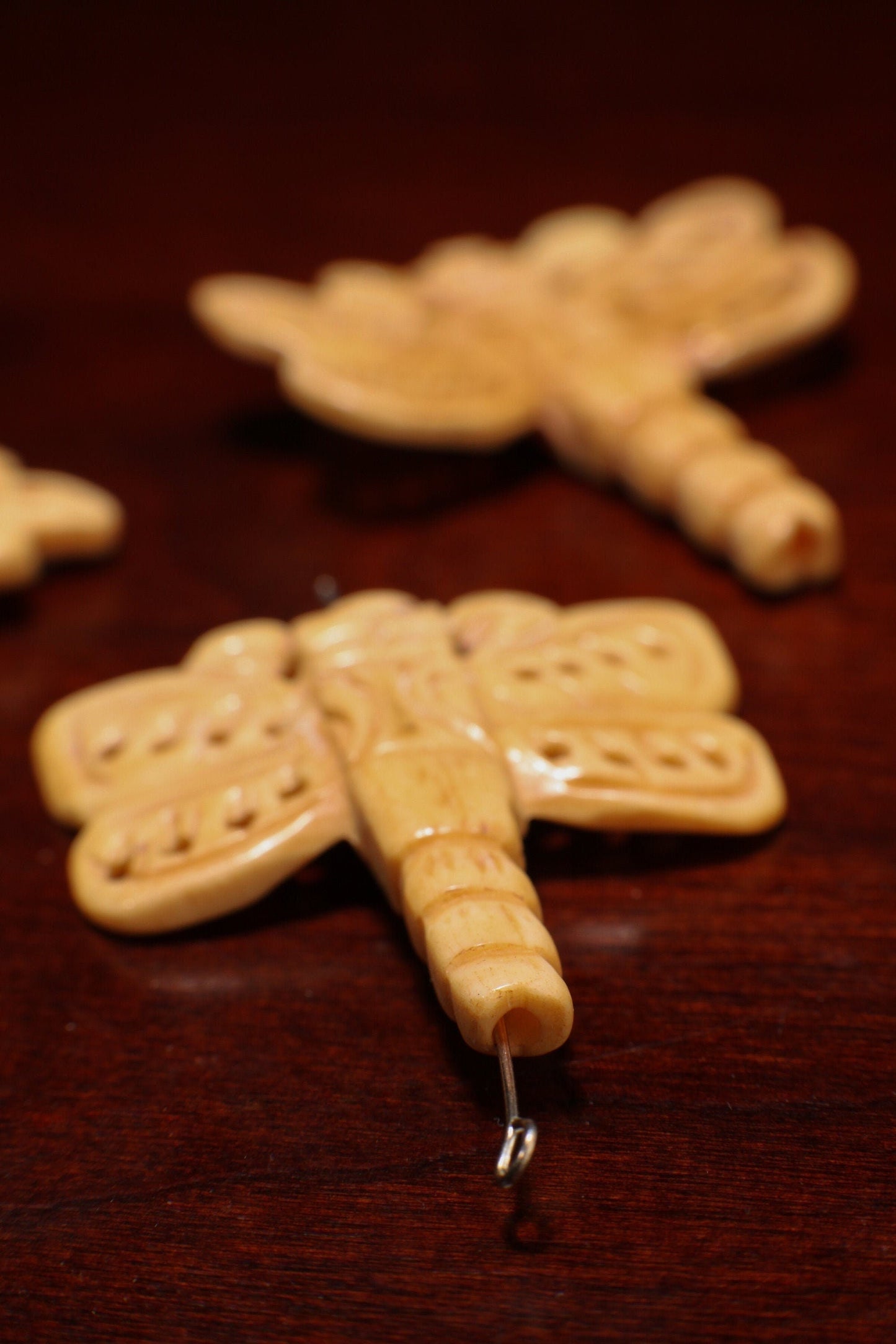 Carved Buffalo Bone Hand Carved Dragonfly, 40x45mm Double Sided, Drilled Bead Pendant, Art Deco