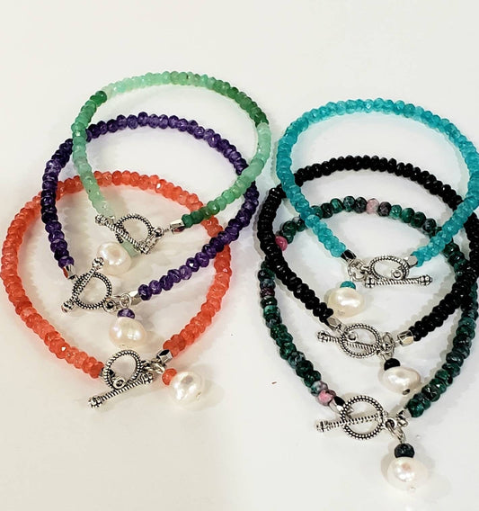 4mm Gemstone Bracelet/Anklet Bali Toggle Clasp, Freshwater Pearl Amethyst, Carnelian, Ruby Zoisite, Black onyx, Apatite, Chrysoprase