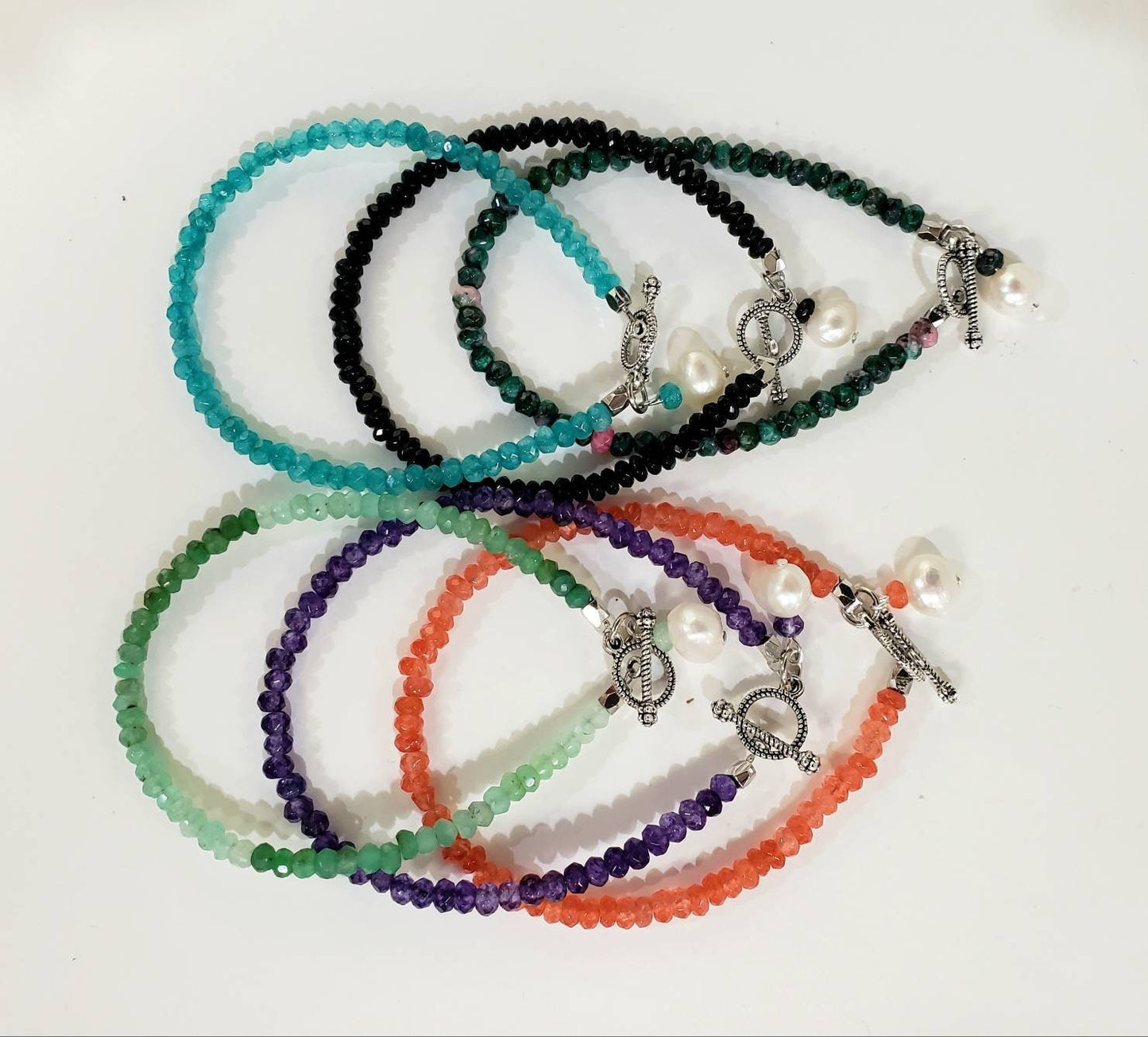 4mm Gemstone Bracelet/Anklet Bali Toggle Clasp, Freshwater Pearl Amethyst, Carnelian, Ruby Zoisite, Black onyx, Apatite, Chrysoprase