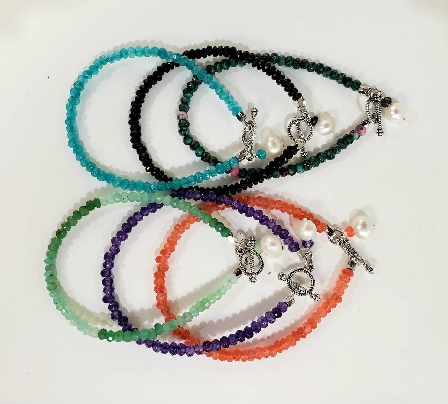 4mm Gemstone Bracelet/Anklet Bali Toggle Clasp, Freshwater Pearl Amethyst, Carnelian, Ruby Zoisite, Black onyx, Apatite, Chrysoprase