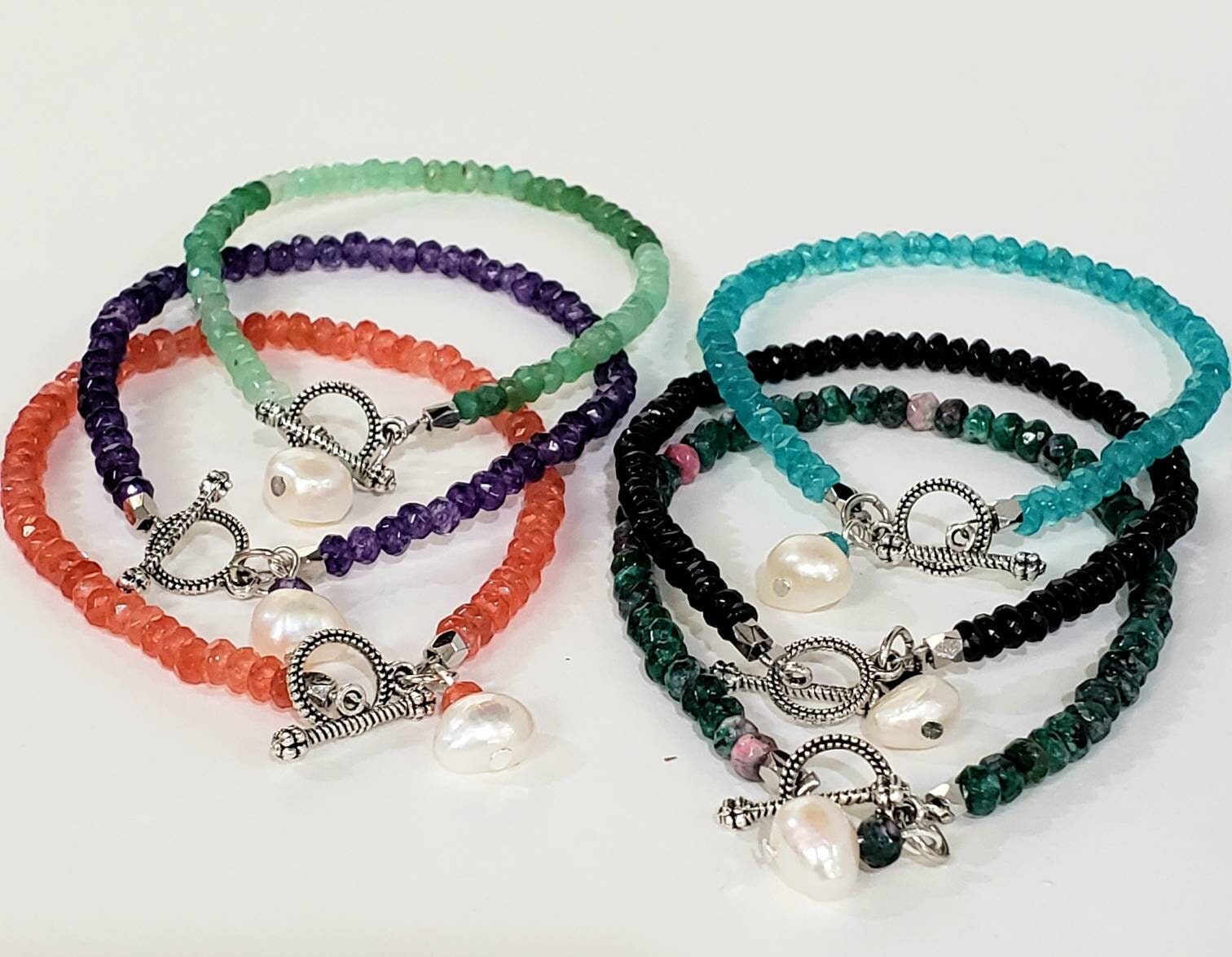 4mm Gemstone Bracelet/Anklet Bali Toggle Clasp, Freshwater Pearl Amethyst, Carnelian, Ruby Zoisite, Black onyx, Apatite, Chrysoprase