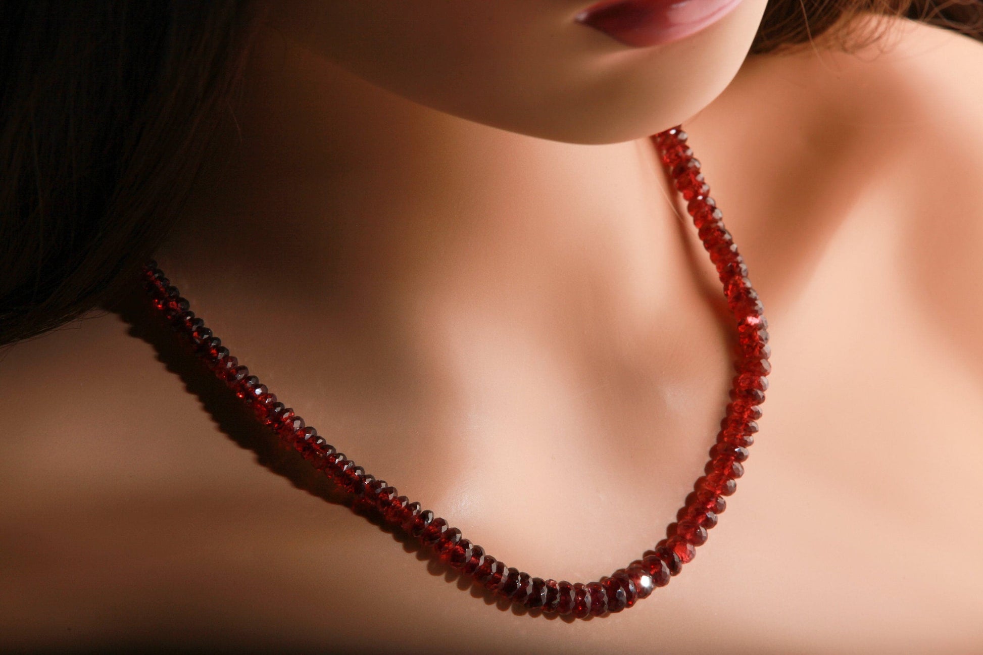 Genuine Garnet large AAA Faceted Rondelle Graduated 5-7mm 16" Necklace with 3" Rhodium Extension Chain, January Birthstone, precious gift .
