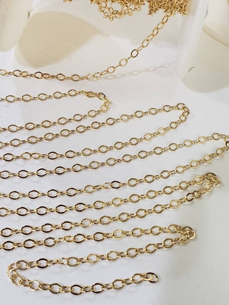 14K Gold filled chain 2.3mm small flat cable chain. Made in Italy, 14/20 Gold filled, high quality for Jewelry making, by the foot.