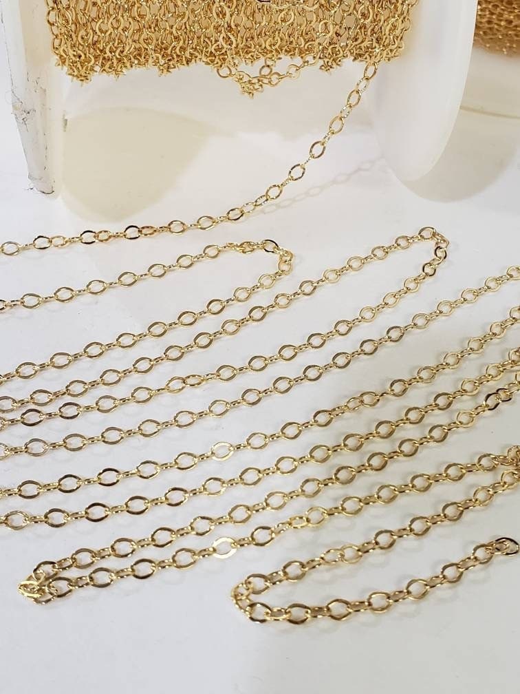 14K Gold filled chain 2.3mm small flat cable chain. Made in Italy, 14/20 Gold filled, high quality for Jewelry making, by the foot.